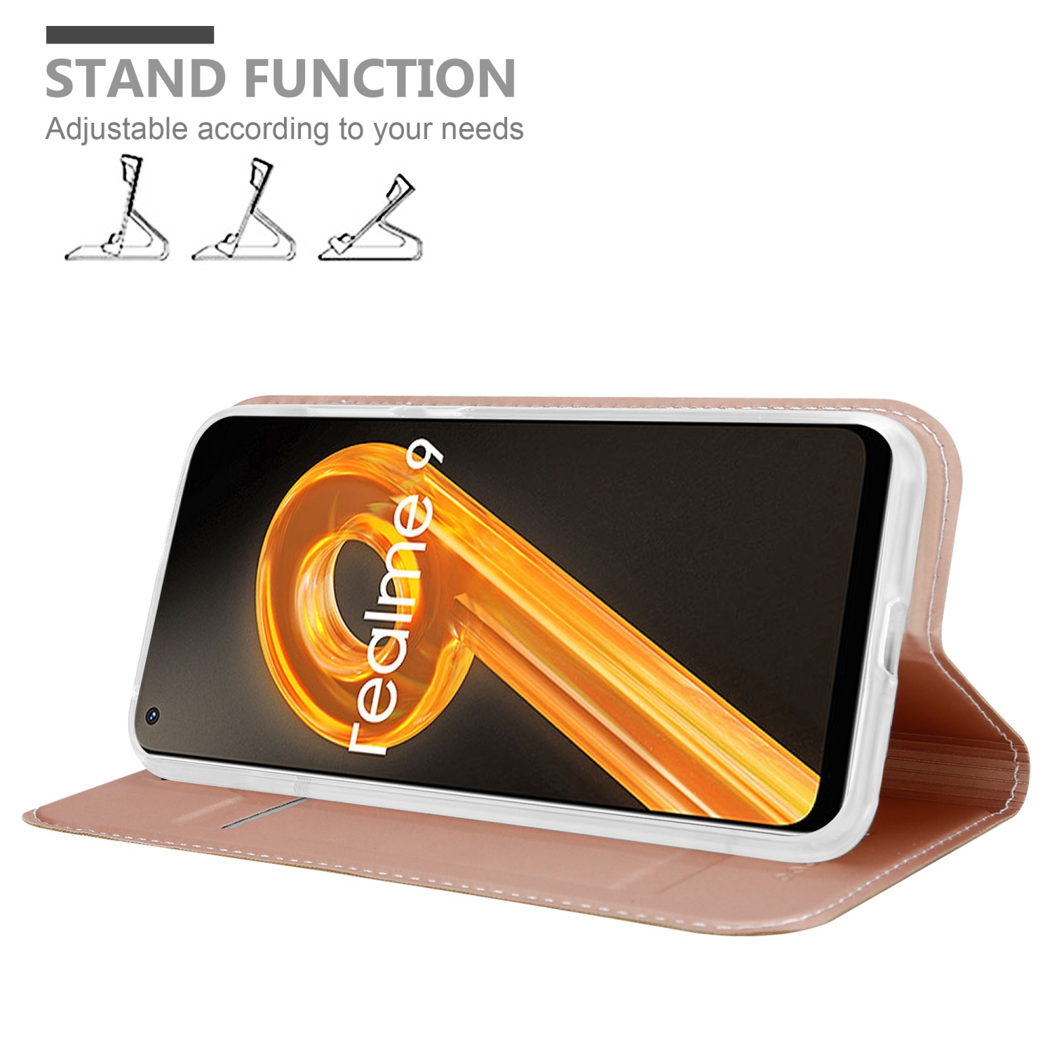 Telefon in Hülle, als Ständer geöffnet. Text: 'Standfunktion'. Hellbraune Hülle. Weißer Hintergrund.