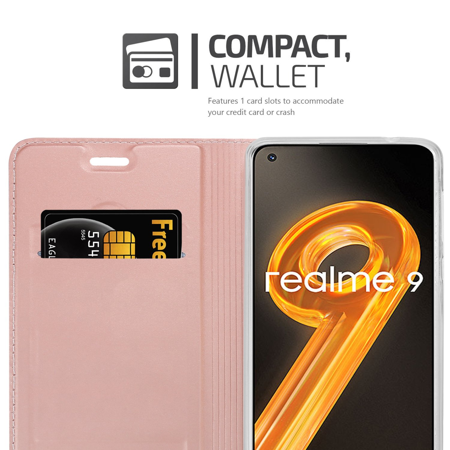 Eine rosa Handyhülle mit Kartenfach, in dem eine Kreditkarte steckt. Das Telefon ist ein Realme 9.