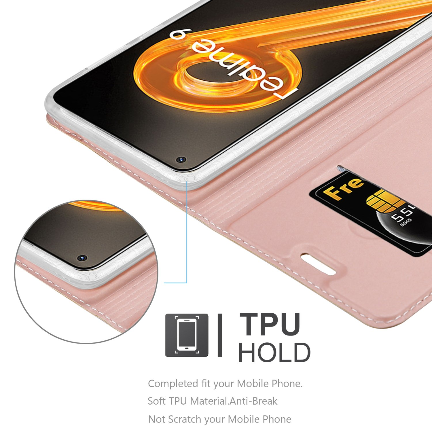 Rosafarbene Handyhülle offen, mit Telefon und Karte. Hülle zeigt Telefon, Kartenfach und TPU-Halterung.