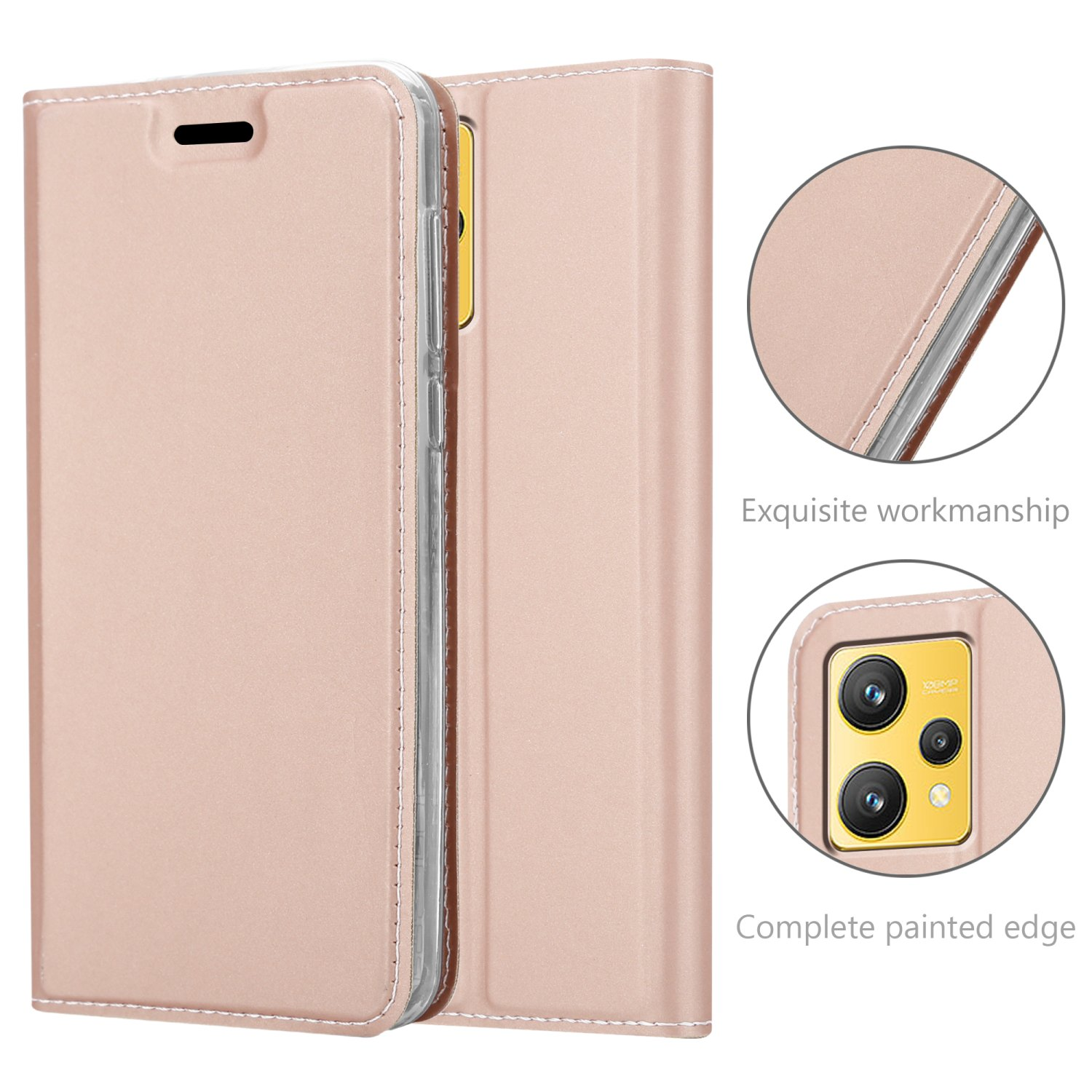 Roségoldene Handy-Brieftaschentasche geschlossen, Details zeigend. Vollständig lackierte Kante.