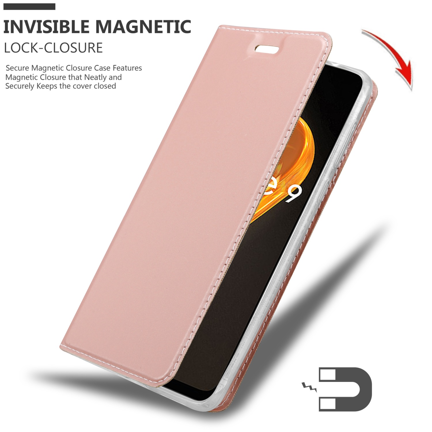Rosa Handyhülle mit Magnetverschluss. Die Hülle ist offen und zeigt das Telefon im Inneren.
