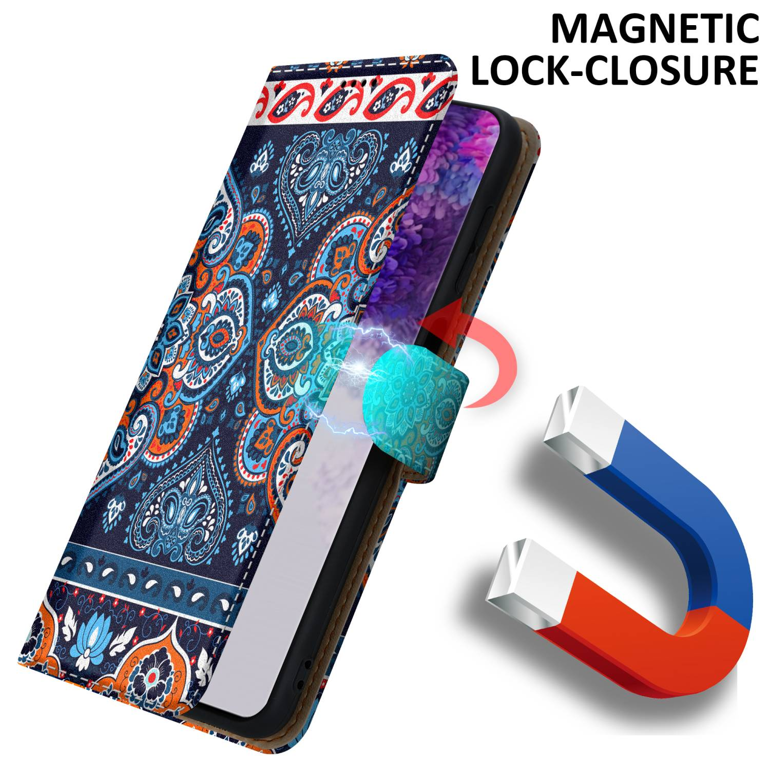 Custodia del telefono con chiusura magnetica. Schermo floreale.