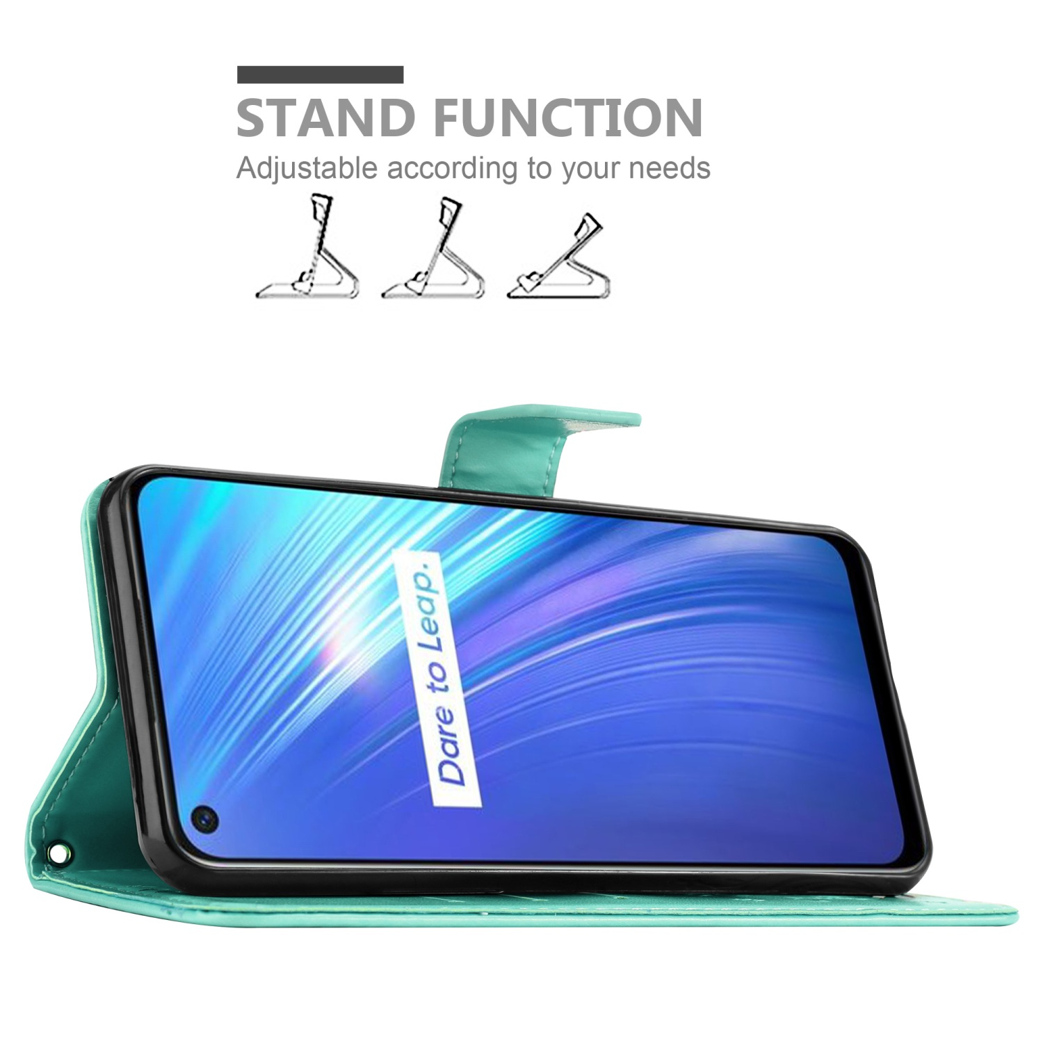 Telefono in una custodia turchese aperta, con funzione supporto. Il telefono mostra un design colorato.