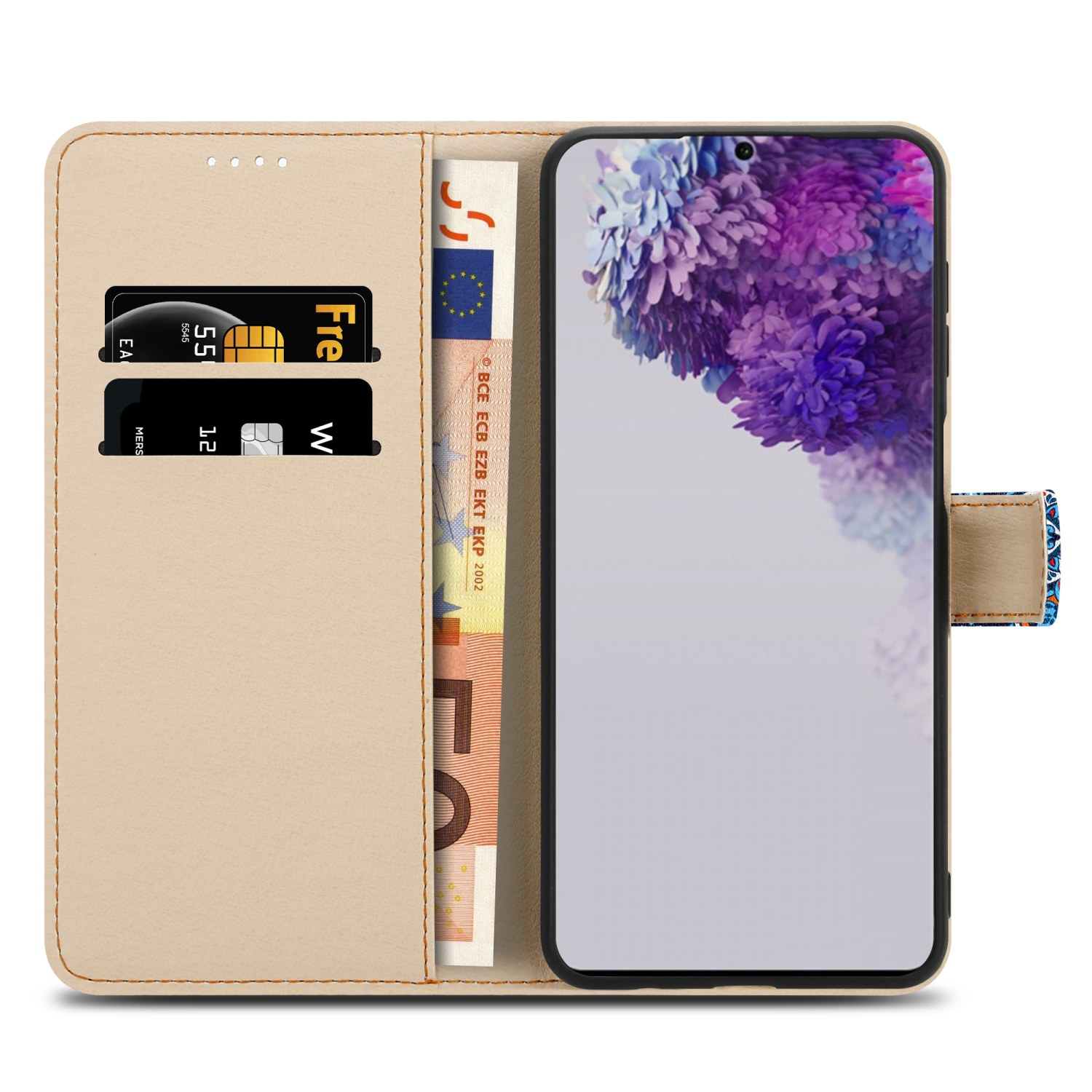 Telefono con carte e denaro in una custodia aperta. La custodia è di colore beige.