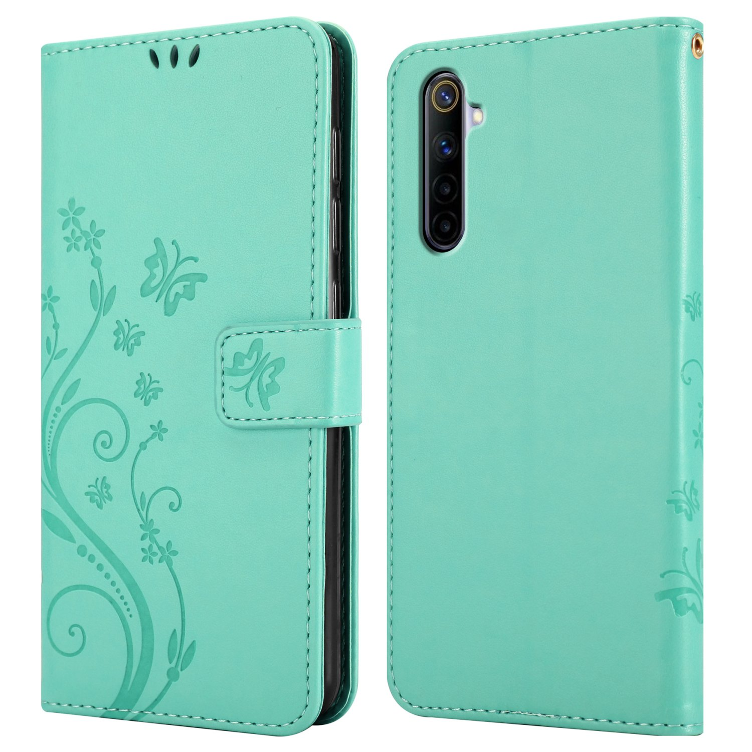 Custodia per telefono verde menta, con design floreale. Custodia aperta con telefono inserito.