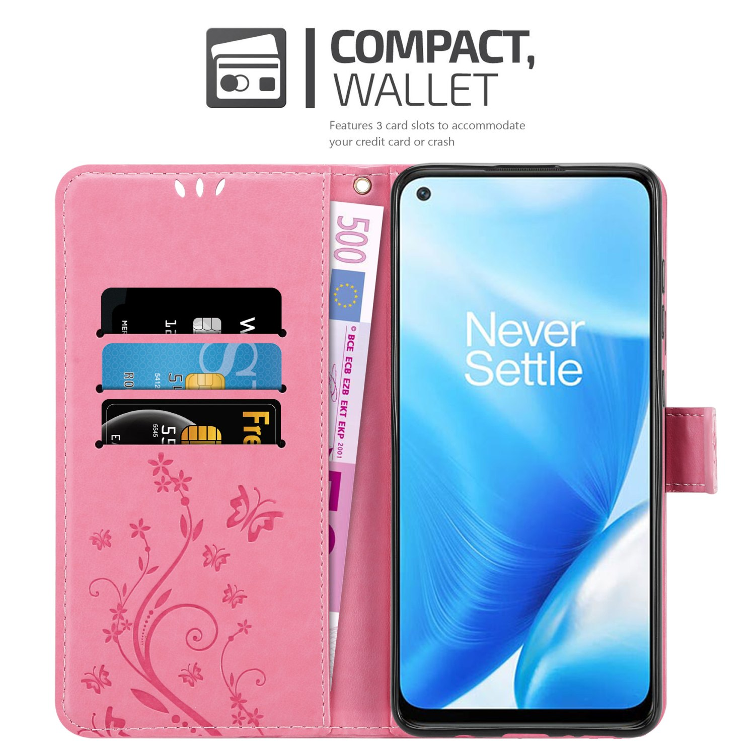 Custodia a portafoglio rosa per telefono con carte, euro e telefono con design floreale.