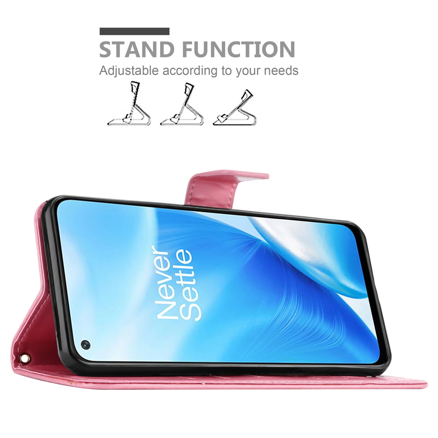 Custodia rosa per telefono, aperta, che mostra il telefono in modalità stand. Funzione stand regolabile.