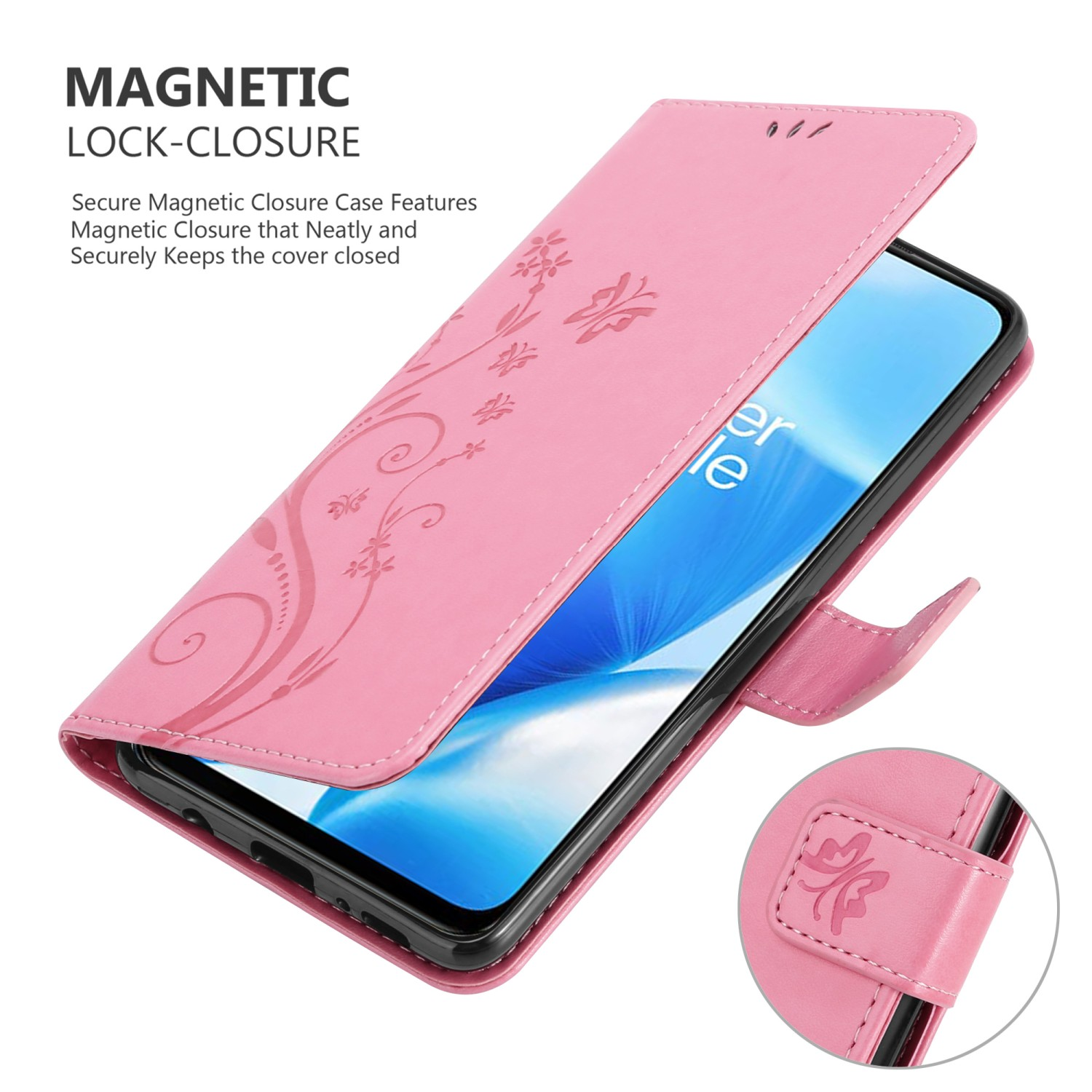 Custodia rosa con design floreale e chiusura magnetica. Schermo del telefono visibile. Sfondo bianco.