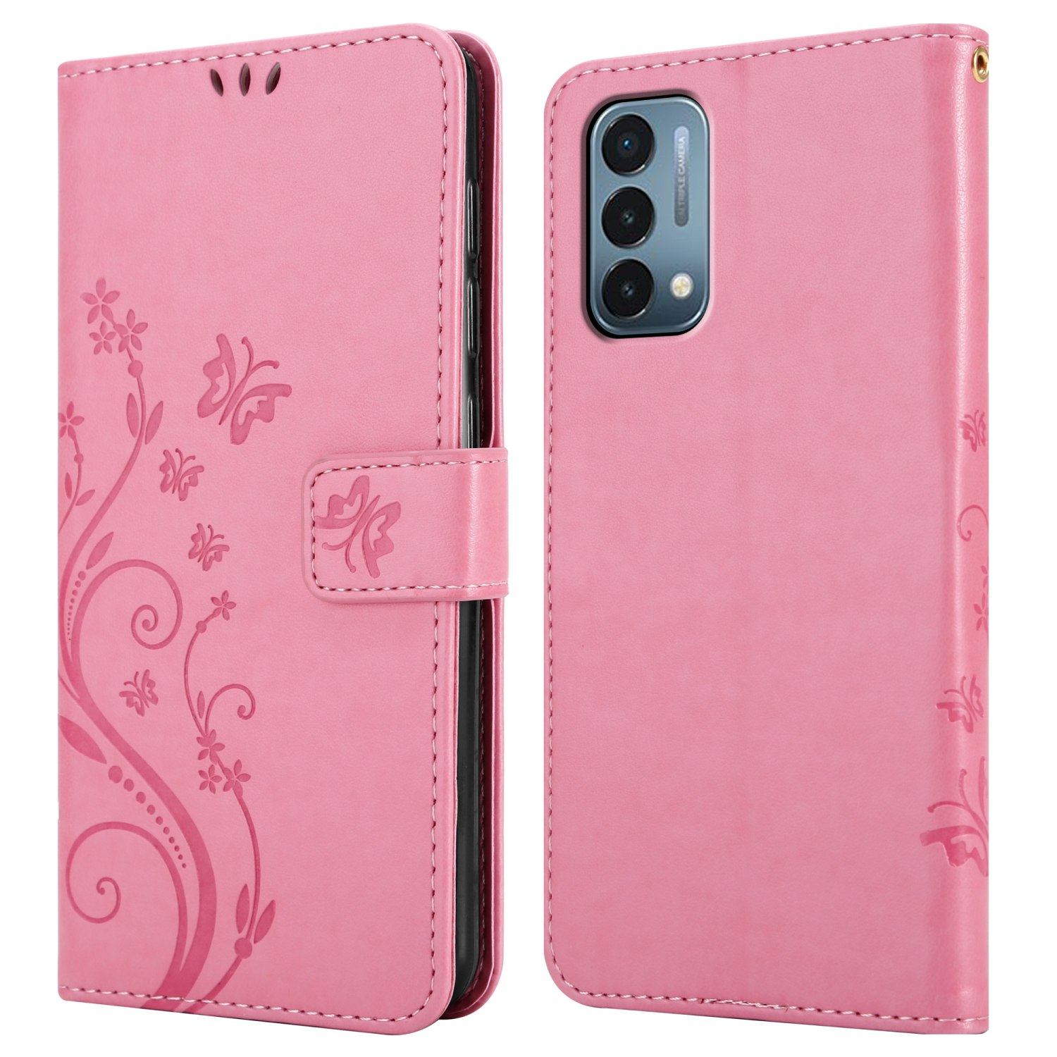 Custodia per telefono rosa, aperta. La custodia ha un design floreale con una farfalla.