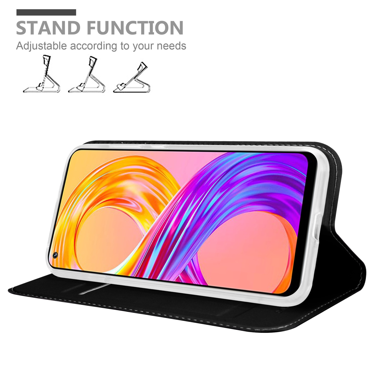 Telefono nero in custodia nera con funzione stand. Mostra le posizioni dello stand.