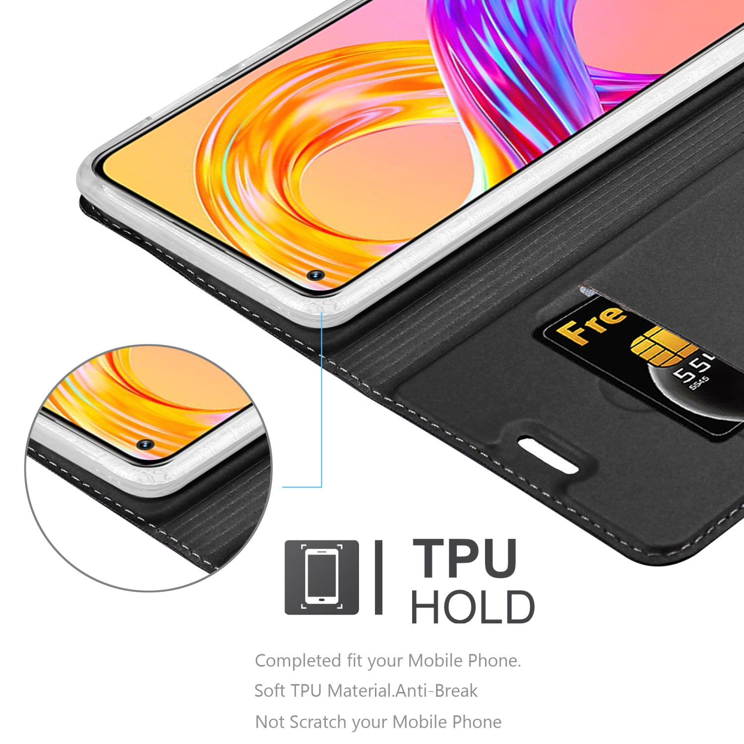 Custodia nera, il telefono è tenuto da un supporto in TPU. Una SIM card è visibile.