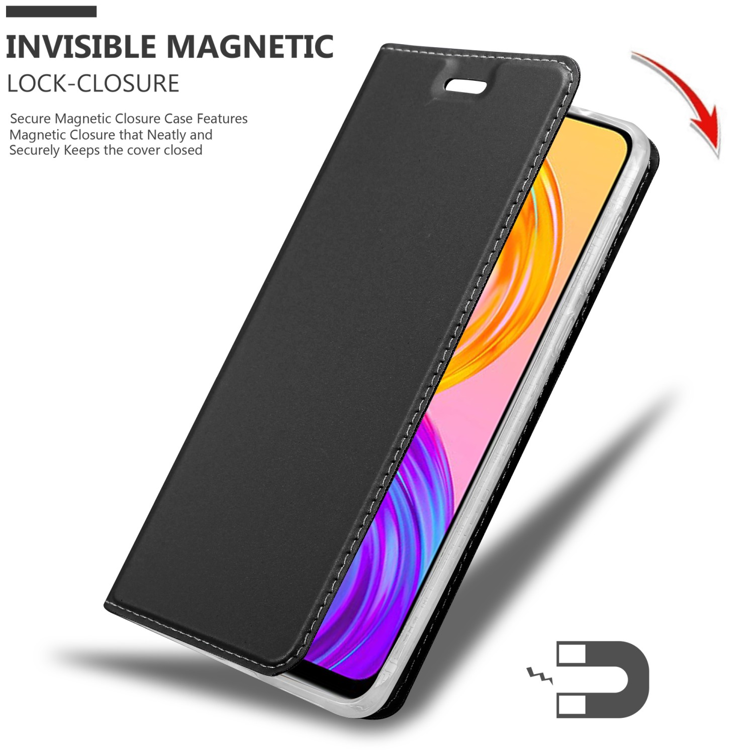 Custodia per telefono nera, con la cover aperta che mostra lo schermo. Sfondo bianco. Chiusura magnetica.