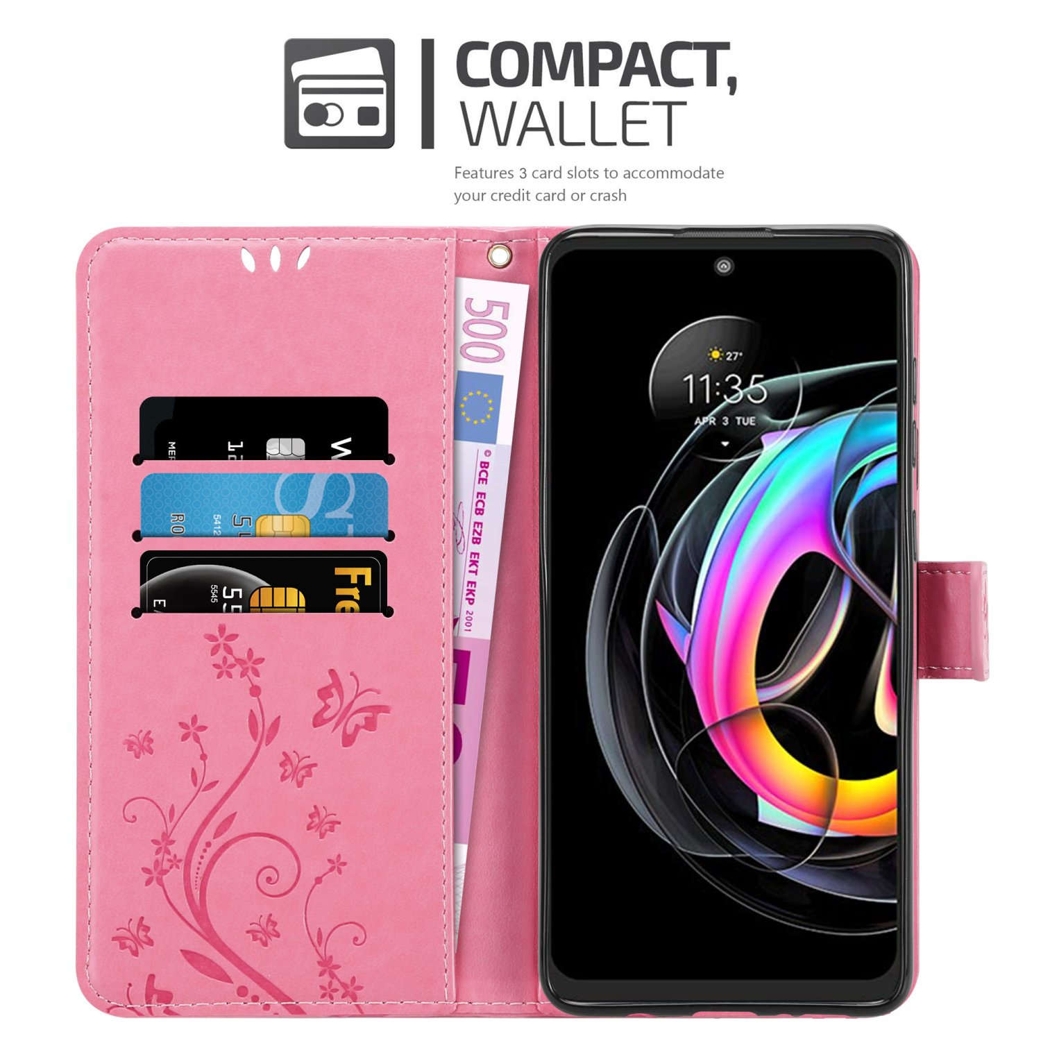 Custodia rosa per telefono con carte, un telefono e una banconota da 500 euro. Il telefono mostra un'immagine astratta colorata.
