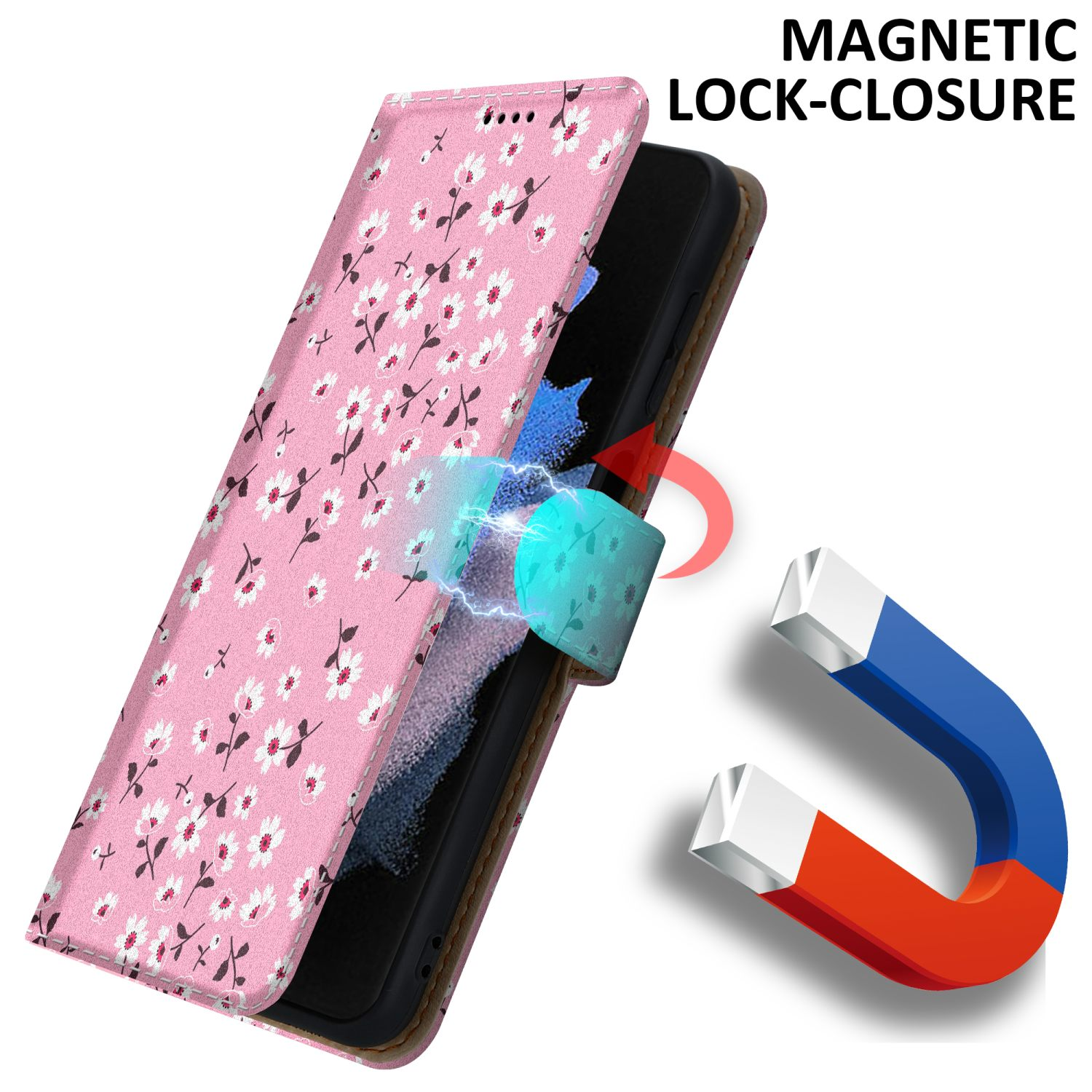 Custodia per telefono rosa floreale con chiusura magnetica. Un telefono è all'interno e si vede un magnete.