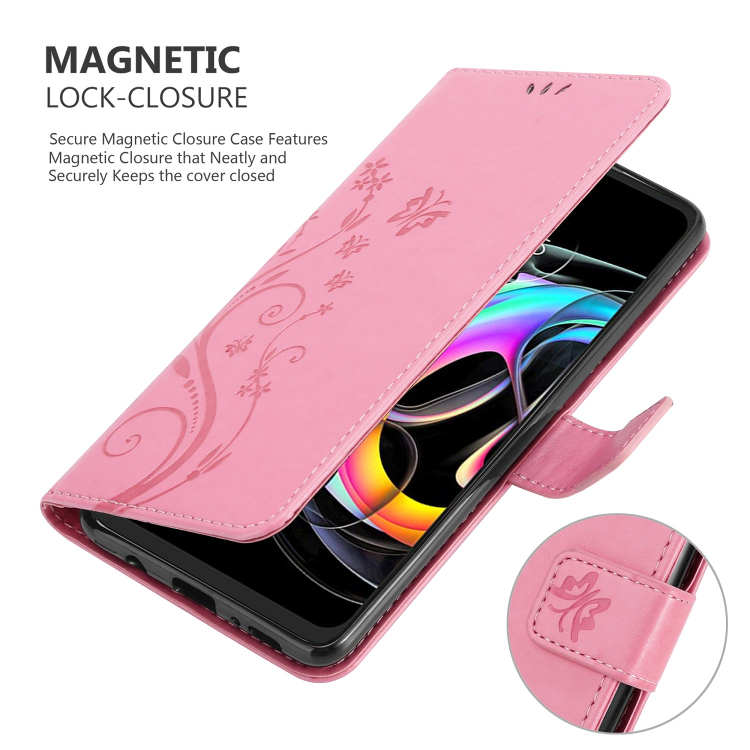 Custodia per telefono rosa con telefono all'interno, la custodia è aperta. Un disegno floreale è sulla custodia. Una chiusura magnetica.
