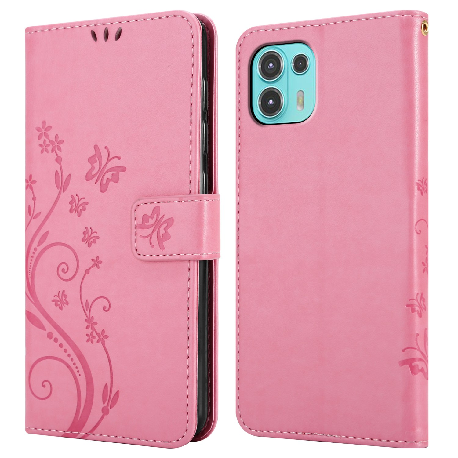 Custodia rosa per telefono aperta e chiusa. Presenta un design floreale e un motivo a farfalle.
