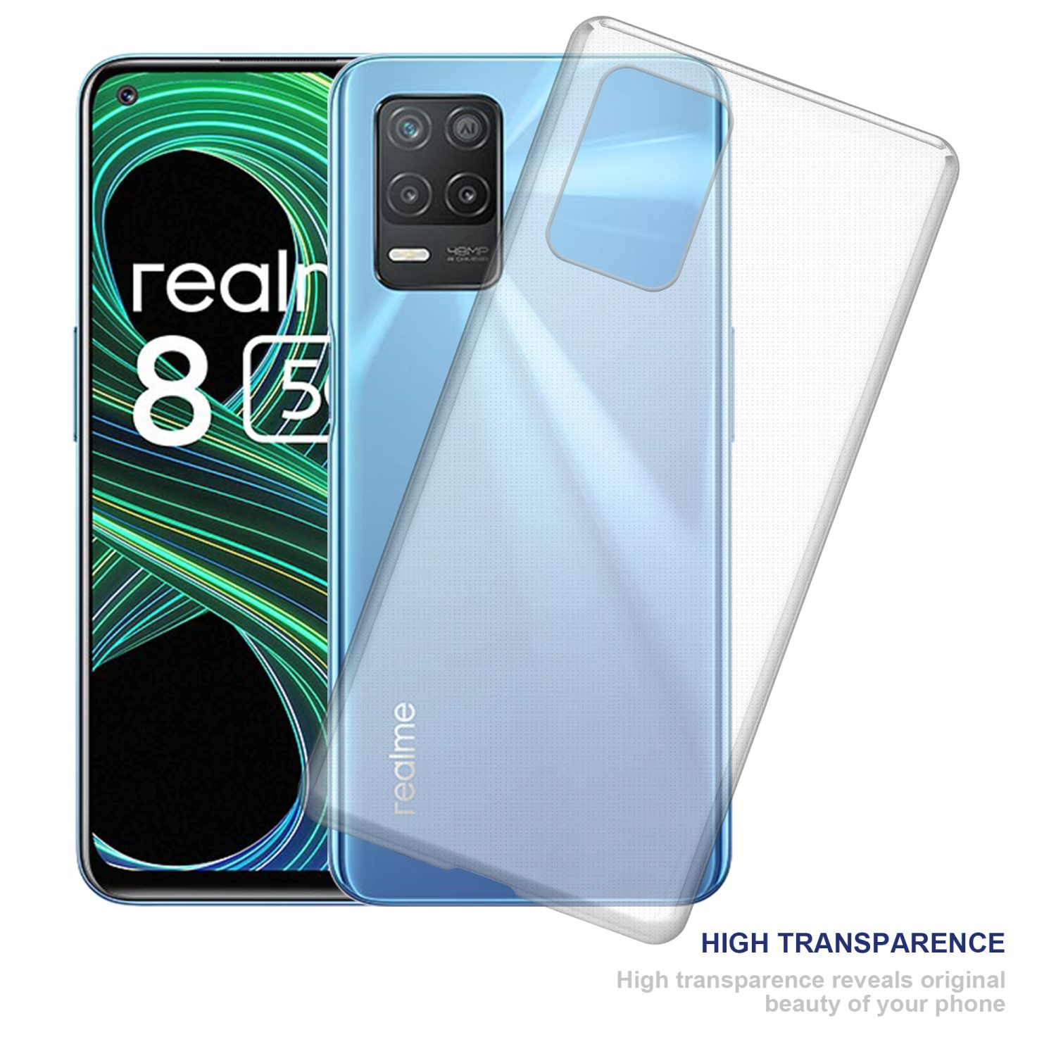 Telefono con custodia trasparente. Schermo mostra realme 8i. Sfondo bianco.