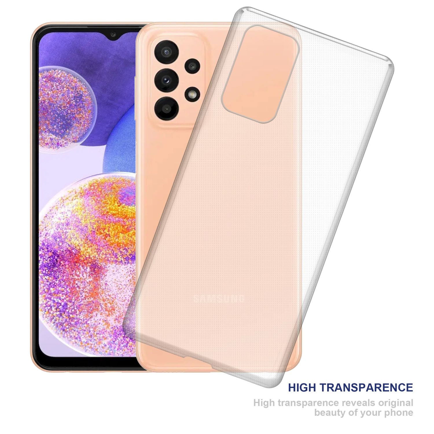 Telefono con custodia trasparente. Il telefono è in una custodia trasparente, il telefono è color pesca. Sfondo bianco.