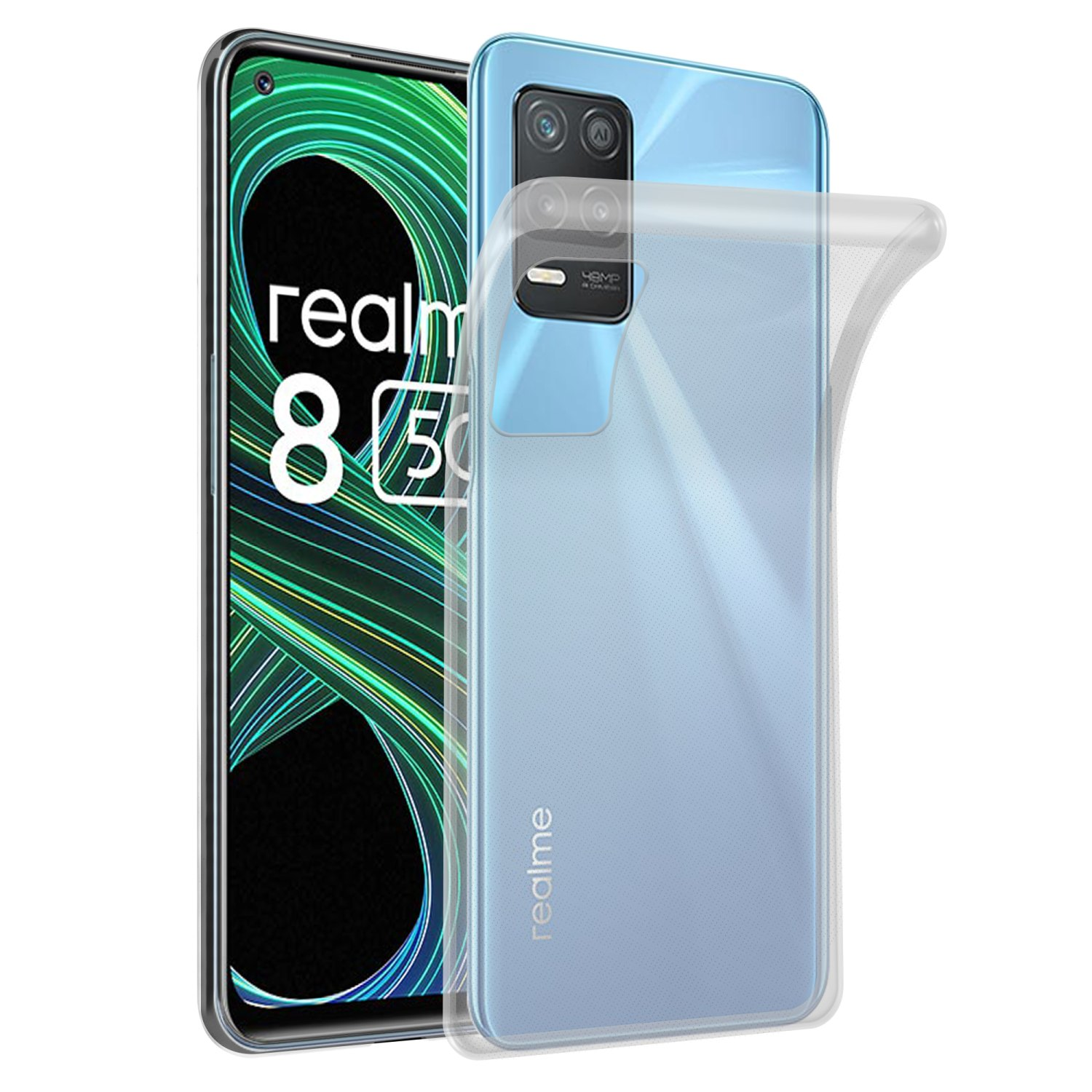 Un telefono e una custodia trasparente. Il telefono ha una protezione per lo schermo.