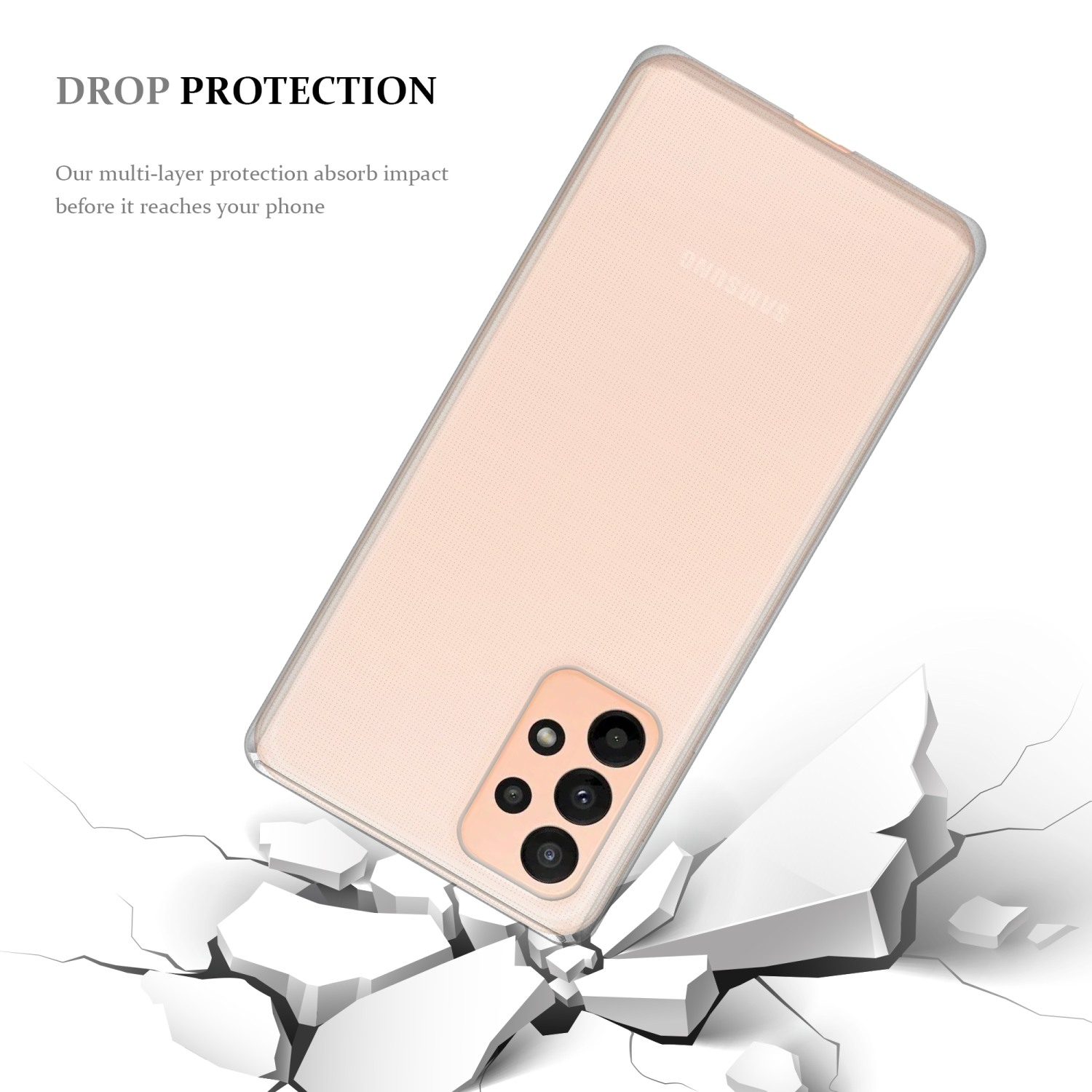 Un telefono su una superficie che si rompe. Sta cadendo. Il testo dice Drop Protection. Il telefono ha il modulo fotocamera.