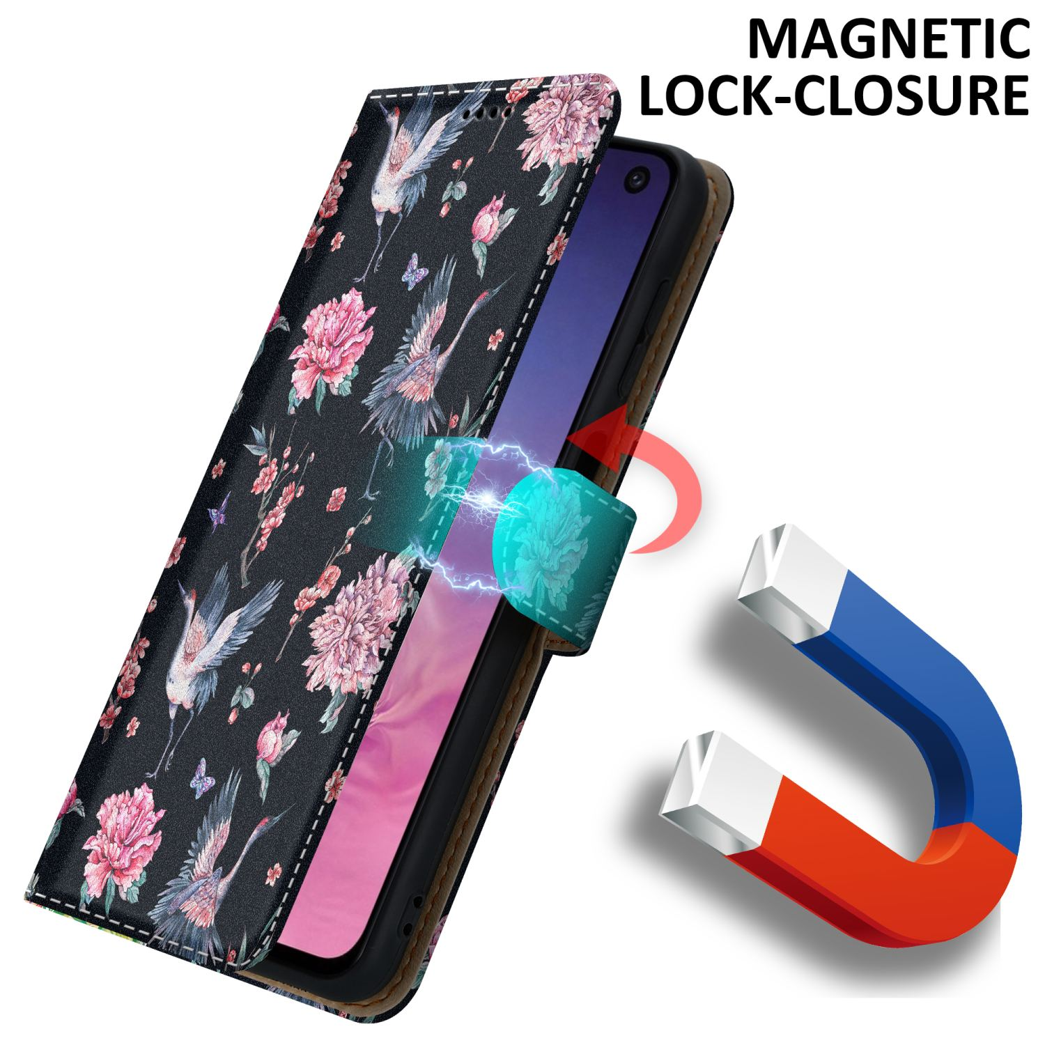 Custodia per telefono con un design floreale. Testo: Chiusura magnetica. Un magnete mostra la chiusura della custodia.