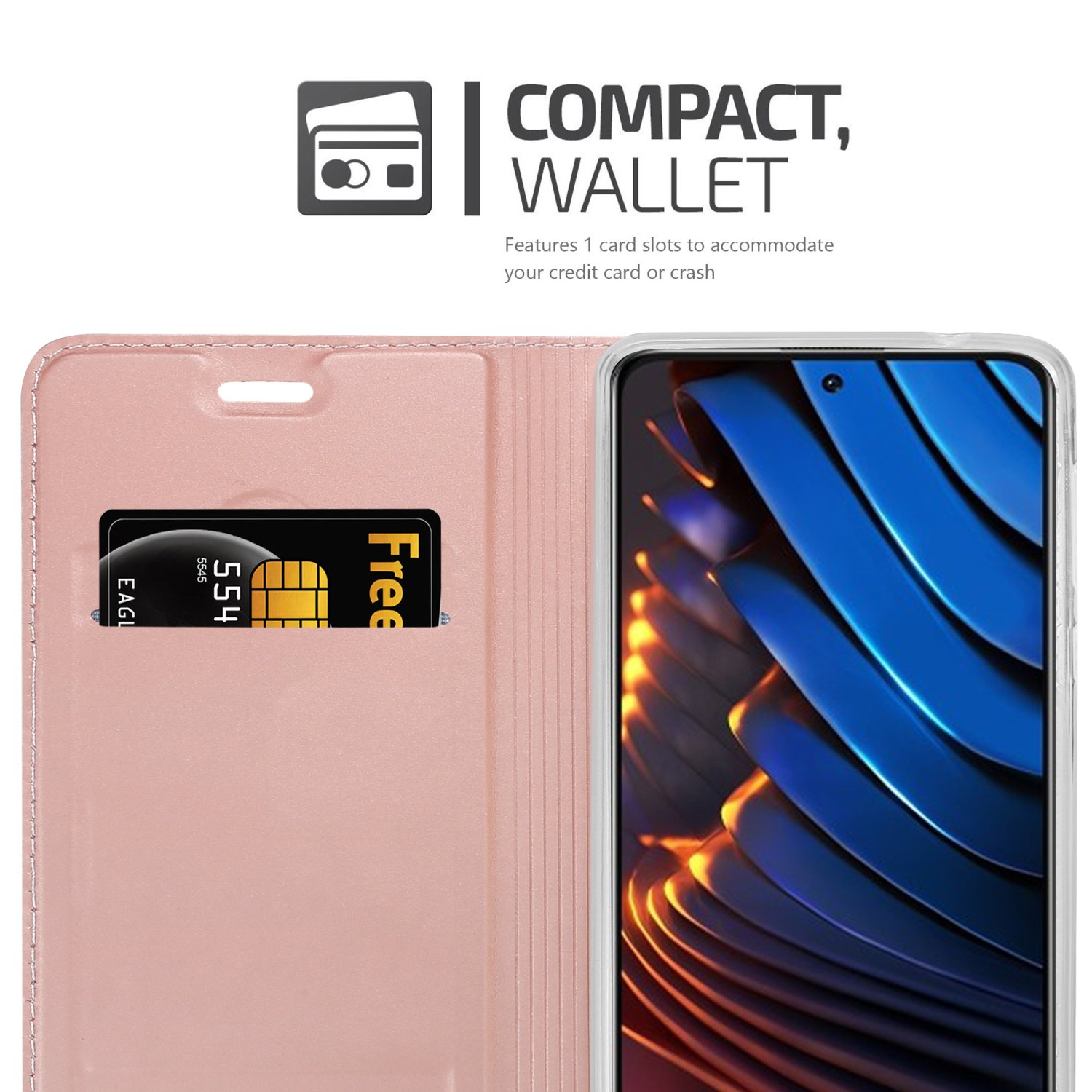 Custodia a portafoglio rosa con fessura per carte, carta di credito visibile. Testo: Portafoglio Compatto.