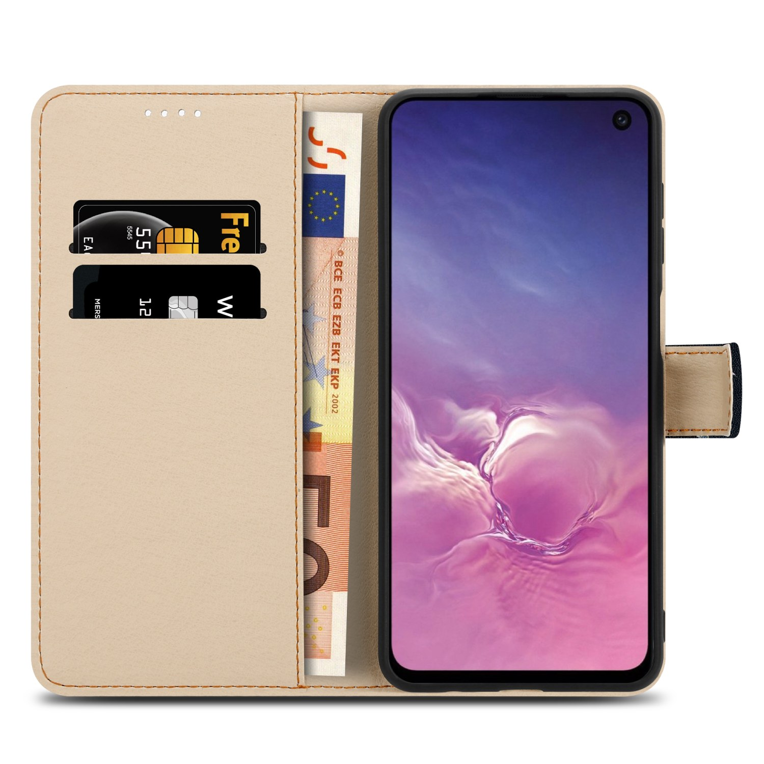 Custodia per telefono aperta con carte e denaro. Il telefono è visibile sul lato destro. La custodia è beige.