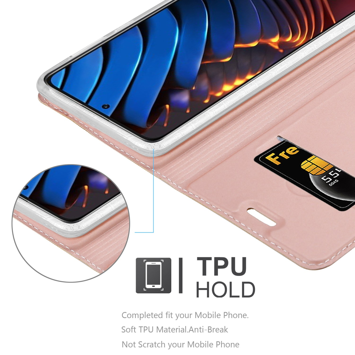 Una custodia per telefono rosa aperta, che mostra un telefono e una SIM card. Il testo indica la tenuta in TPU e le funzioni.