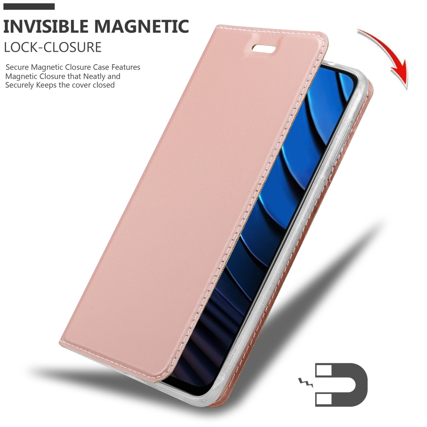 Custodia rosa per telefono che si apre. Testo: Chiusura magnetica invisibile.