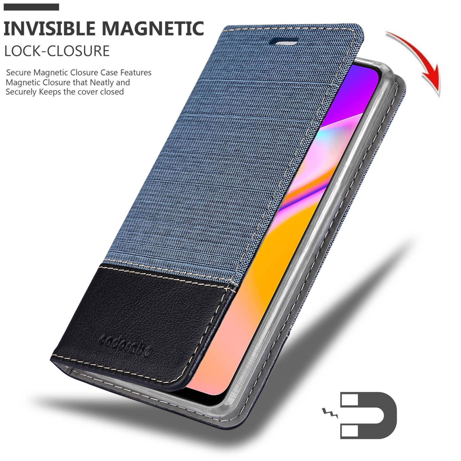 Una custodia per telefono in stile denim con un fondo in pelle nera. Testo: Chiusura magnetica invisibile.