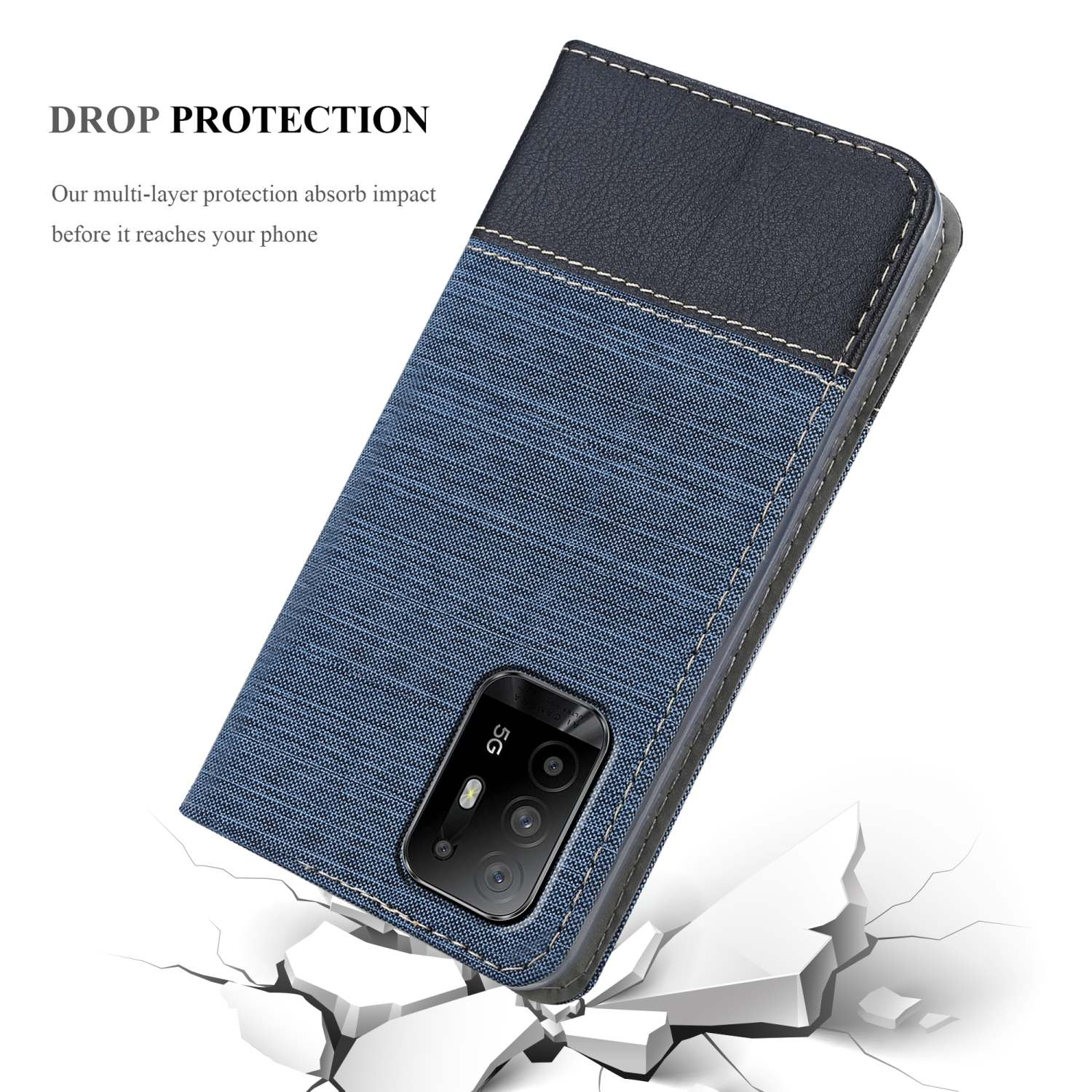 Custodia per telefono in stile denim, blu e nera, con un telefono all'interno. La custodia è su una superficie incrinata.