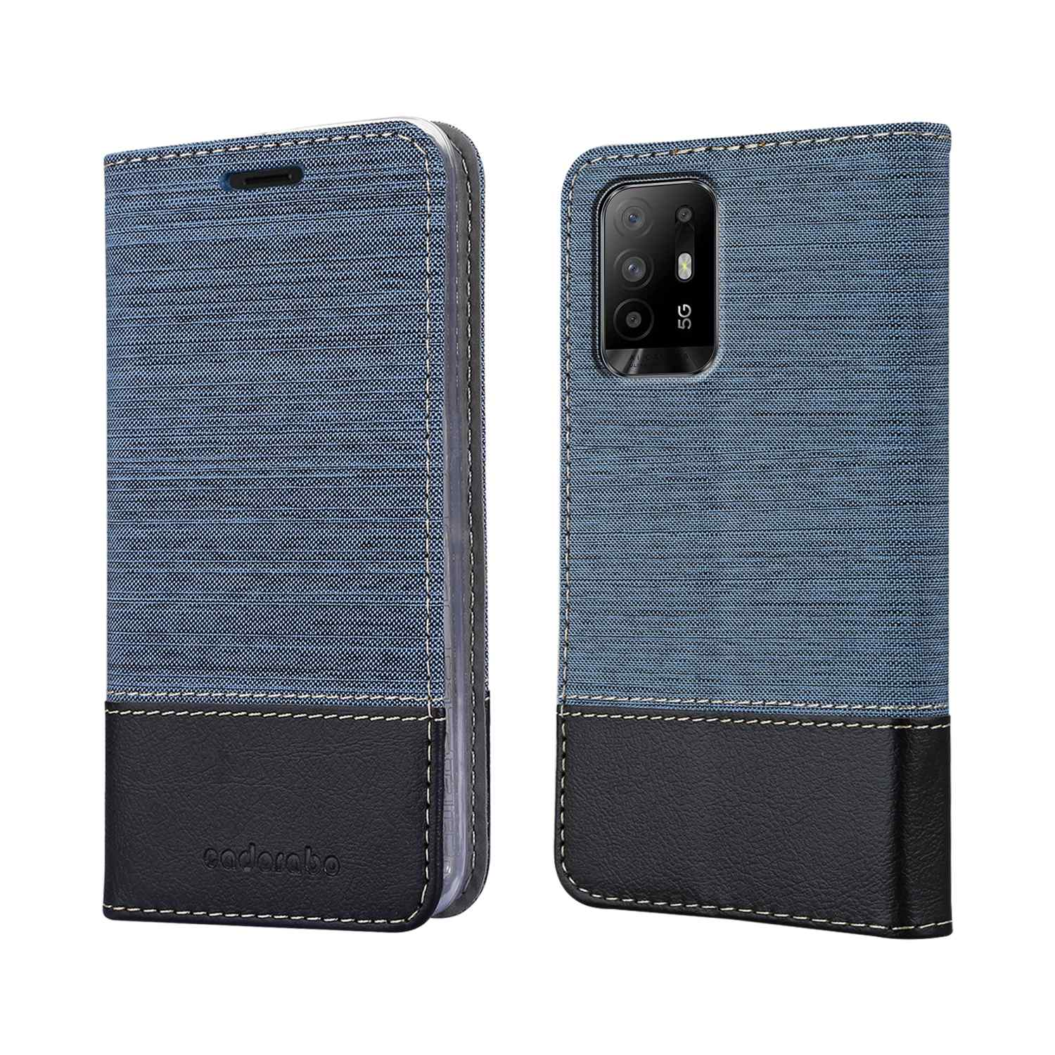 Custodia per telefono blu e nera, texture simile al denim, aperta e chiusa, che mostra la custodia.