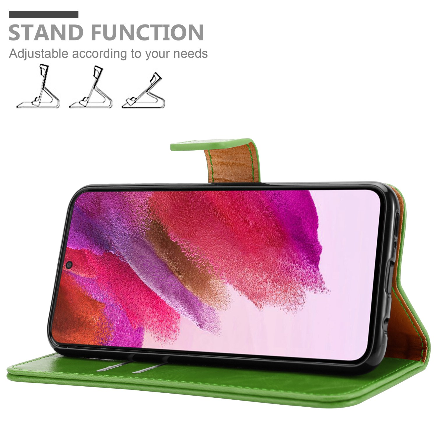 Custodia verde con funzione stand. Il telefono mostra un'immagine astratta rosa e rossa.