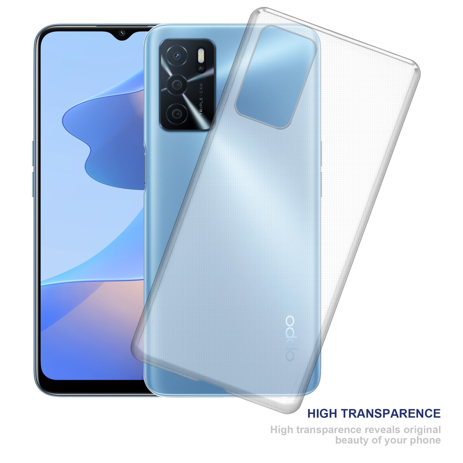 Telefon mit transparenter Hülle. Das Telefon ist blau.