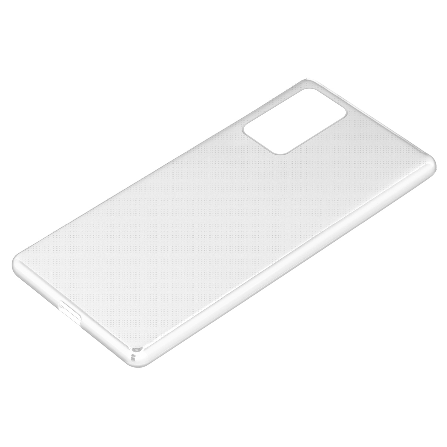 Eine weiße Handyhülle. Die Hülle ist transparent und passt zu den Abmessungen des Telefons. Die Rückseite zeigt zur Kamera.