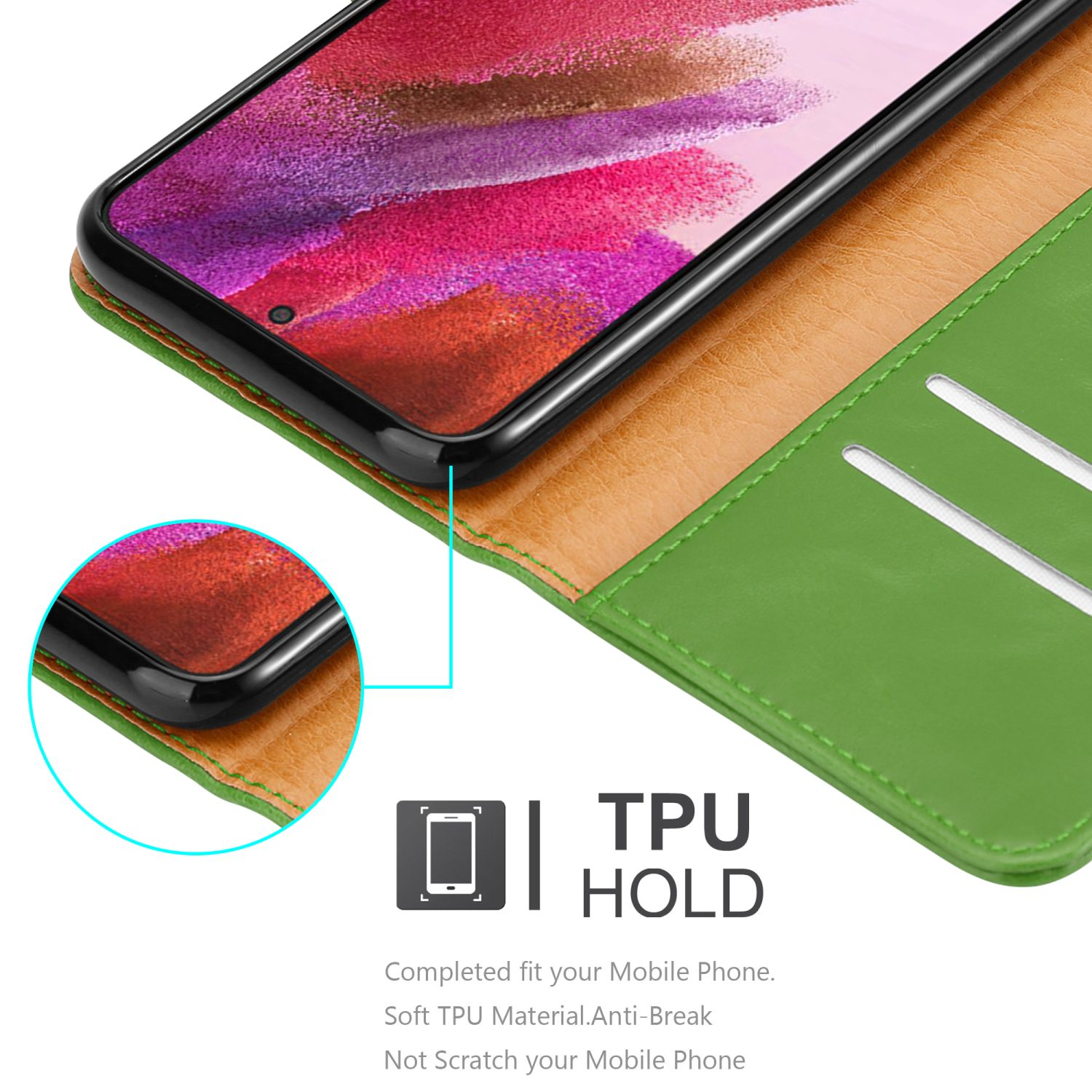 Custodia per telefono verde aperta. Telefono visibile. Dettaglio del supporto TPU.