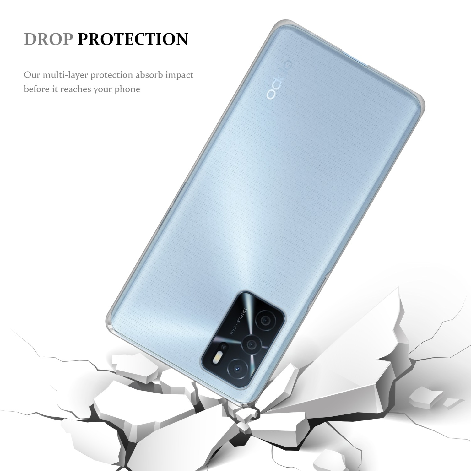 Handyhülle in der Luft, die eine weiße Oberfläche zersplittert. Das Telefon ist hellblau, mit einem Kameradetail auf der Rückseite.