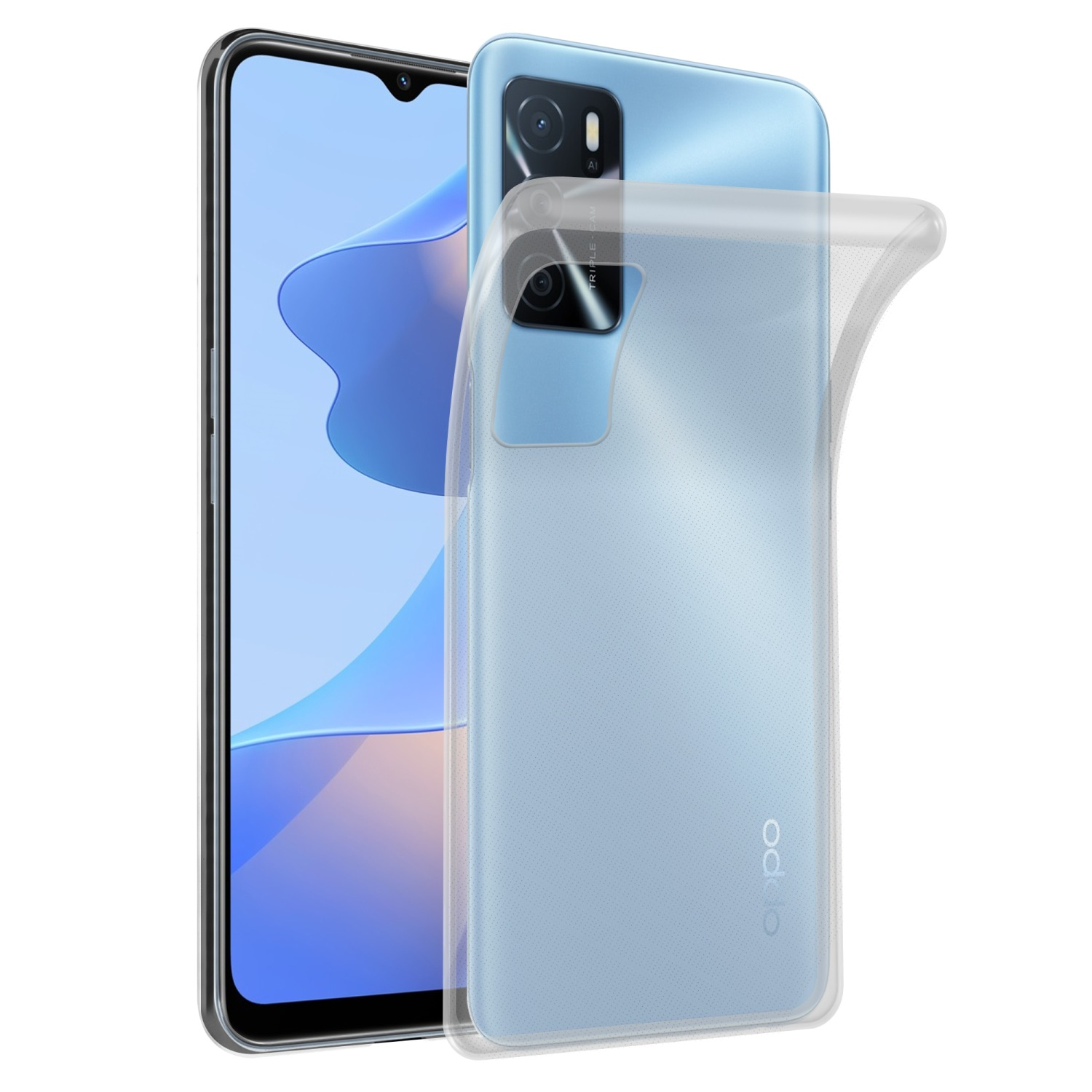 Transparente Handyhülle auf einem Telefon. Das Telefon ist blau. Weißer Hintergrund.