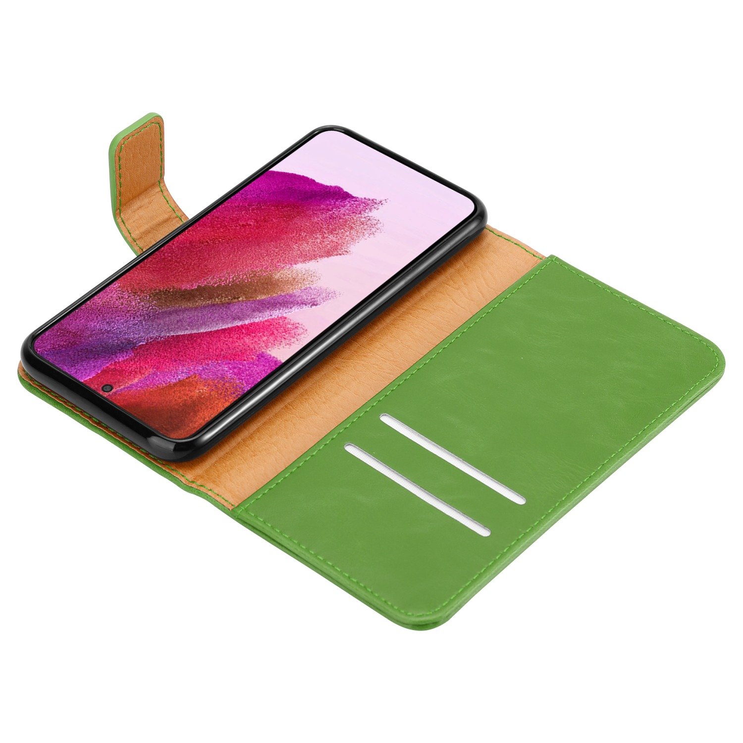 Una custodia verde, aperta, con telefono all'interno e fessure per carte visibili.