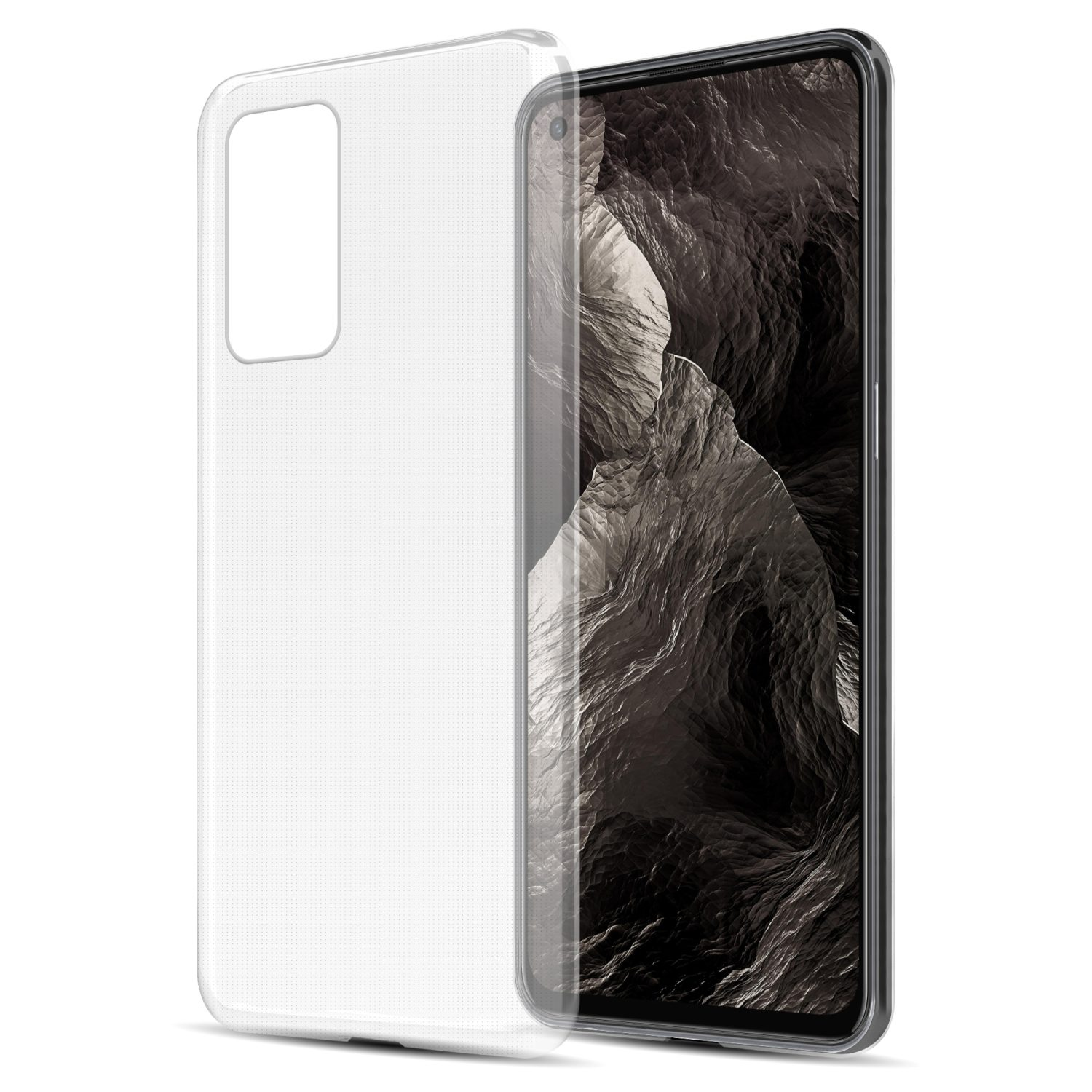 Funda transparente para teléfono con teléfono dentro. Pantalla negra con un paisaje.