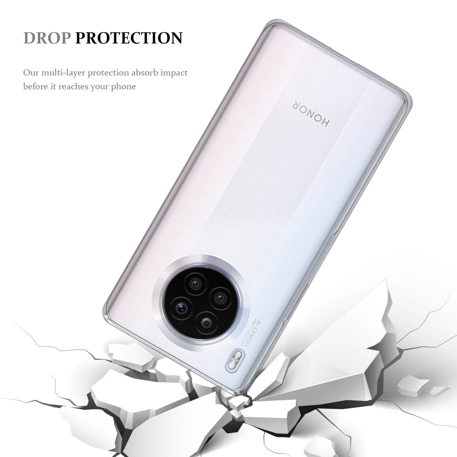 Eine transparente Handyhülle fällt auf eine Oberfläche und zersplittert diese, mit den Worten „Drop Protection“ darüber.