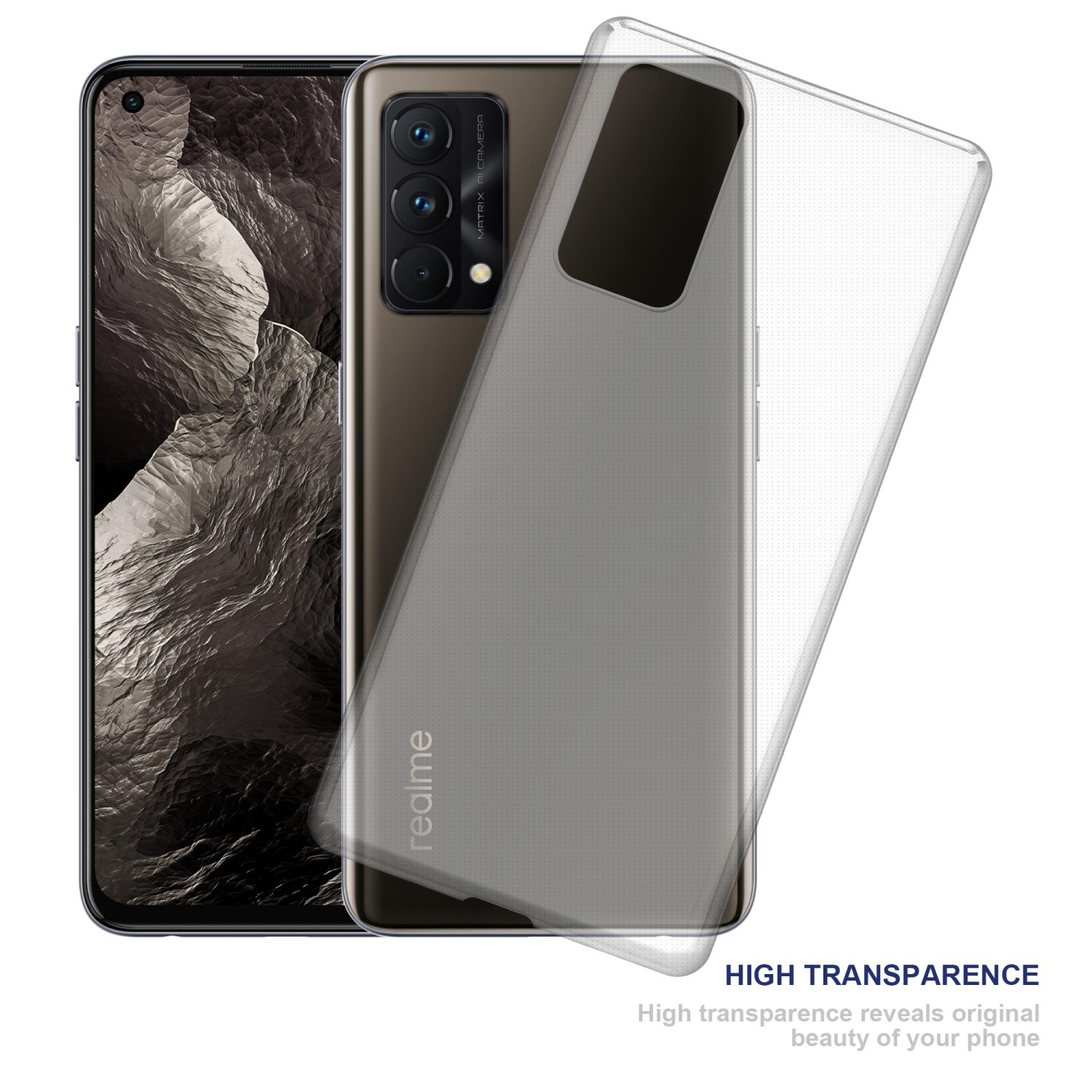 Teléfono con funda transparente. El teléfono está a la izquierda. La funda transparente está encima.