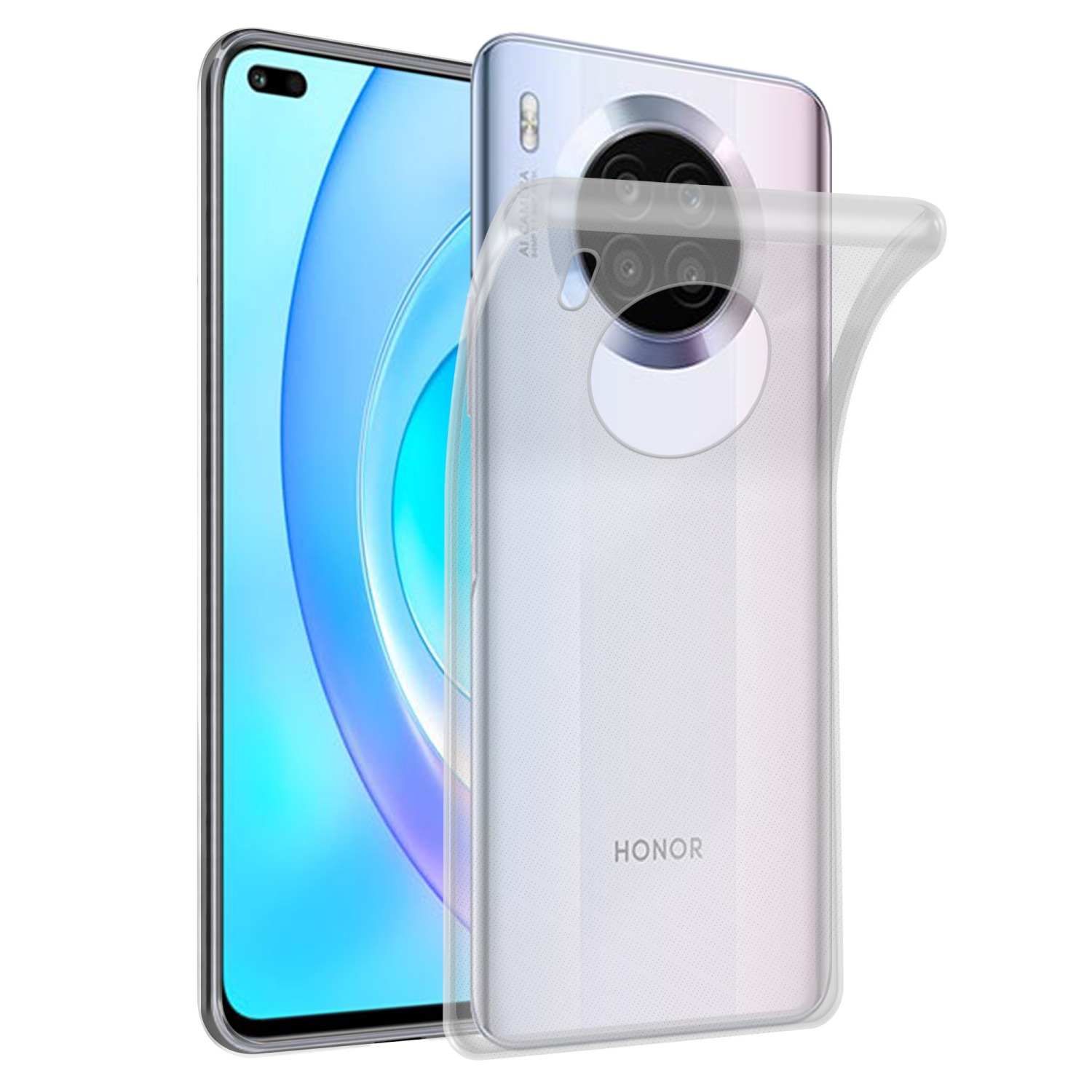 Eine transparente Handyhülle auf einem Telefon. Das Telefon ist silberfarben mit blauem Bildschirm und einer transparenten Hülle.