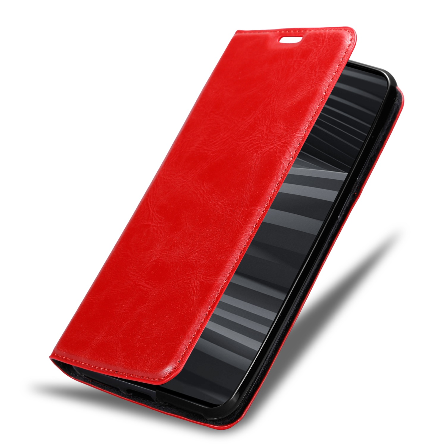 Custodia per telefono rossa, aperta, che mostra il telefono. La custodia ha una superficie strutturata.