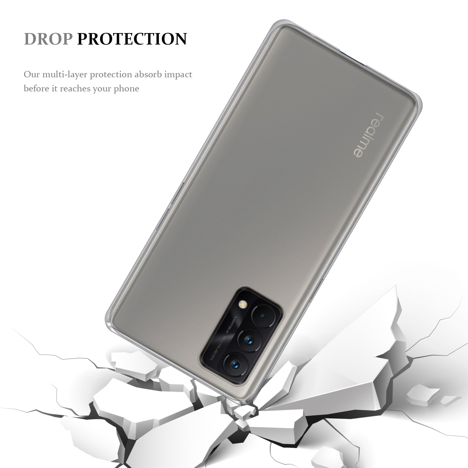 Una funda de teléfono sobre un fondo blanco, con un teléfono dentro. El teléfono está en ángulo. El fondo muestra blanco agrietado.