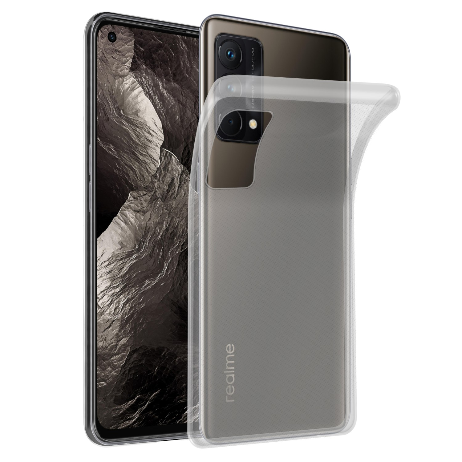 Teléfono con funda protectora transparente, vista lateral. Teléfono parcialmente visible.