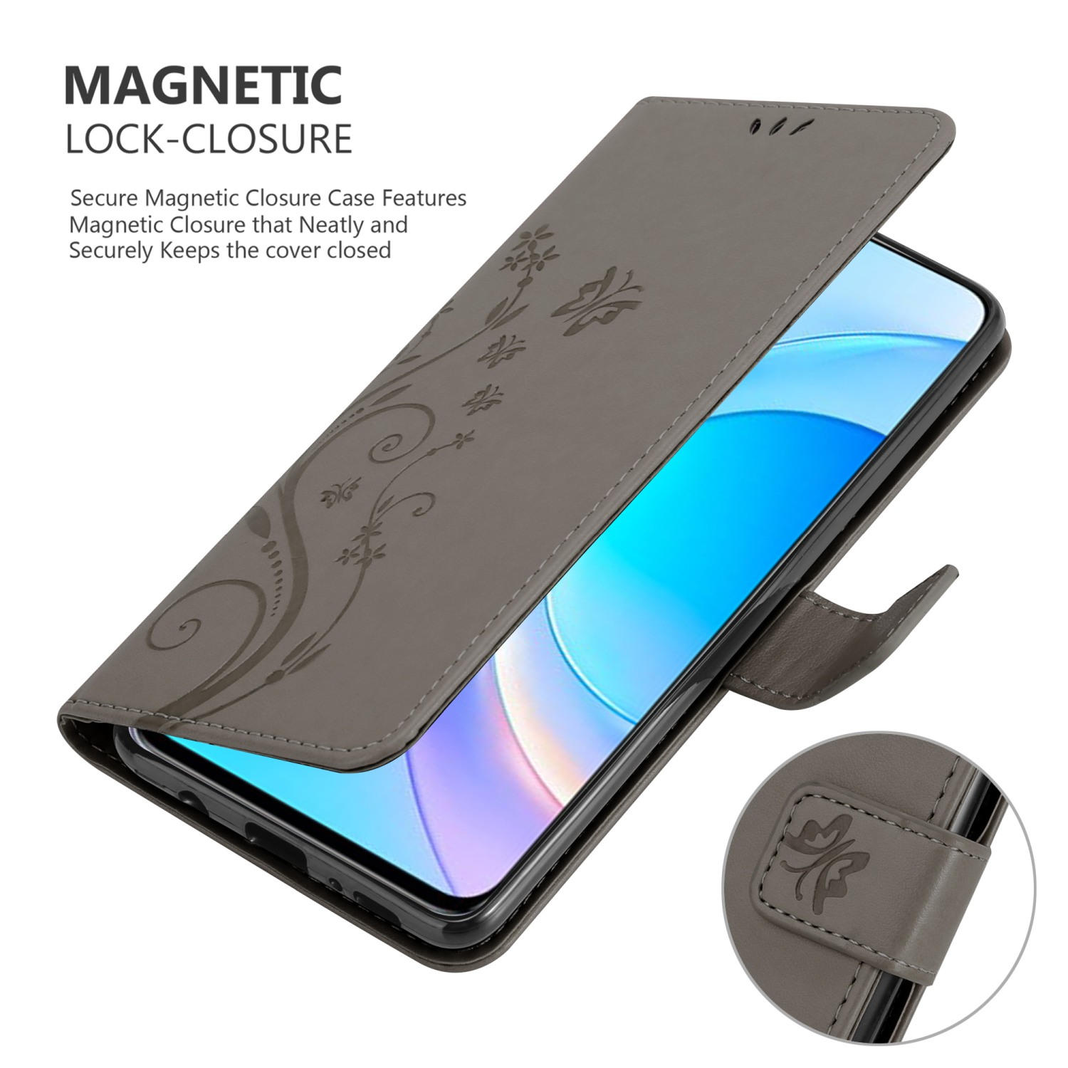 Custodia grigia con un disegno floreale, aperta, che mostra un telefono all'interno.