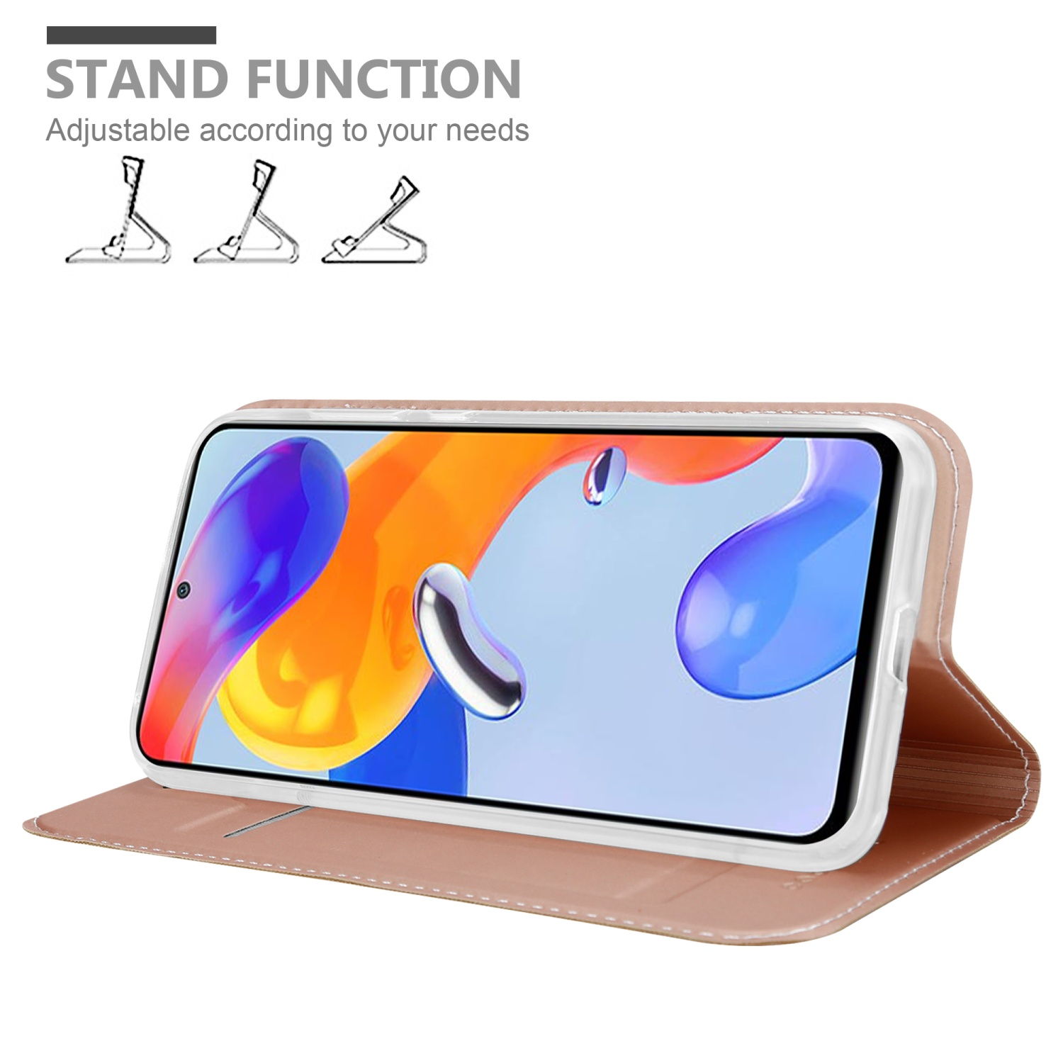 Telefon in einer Hülle im Ständermodus mit Standfunktionstext und Diagramm verschiedener Ständerwinkel.