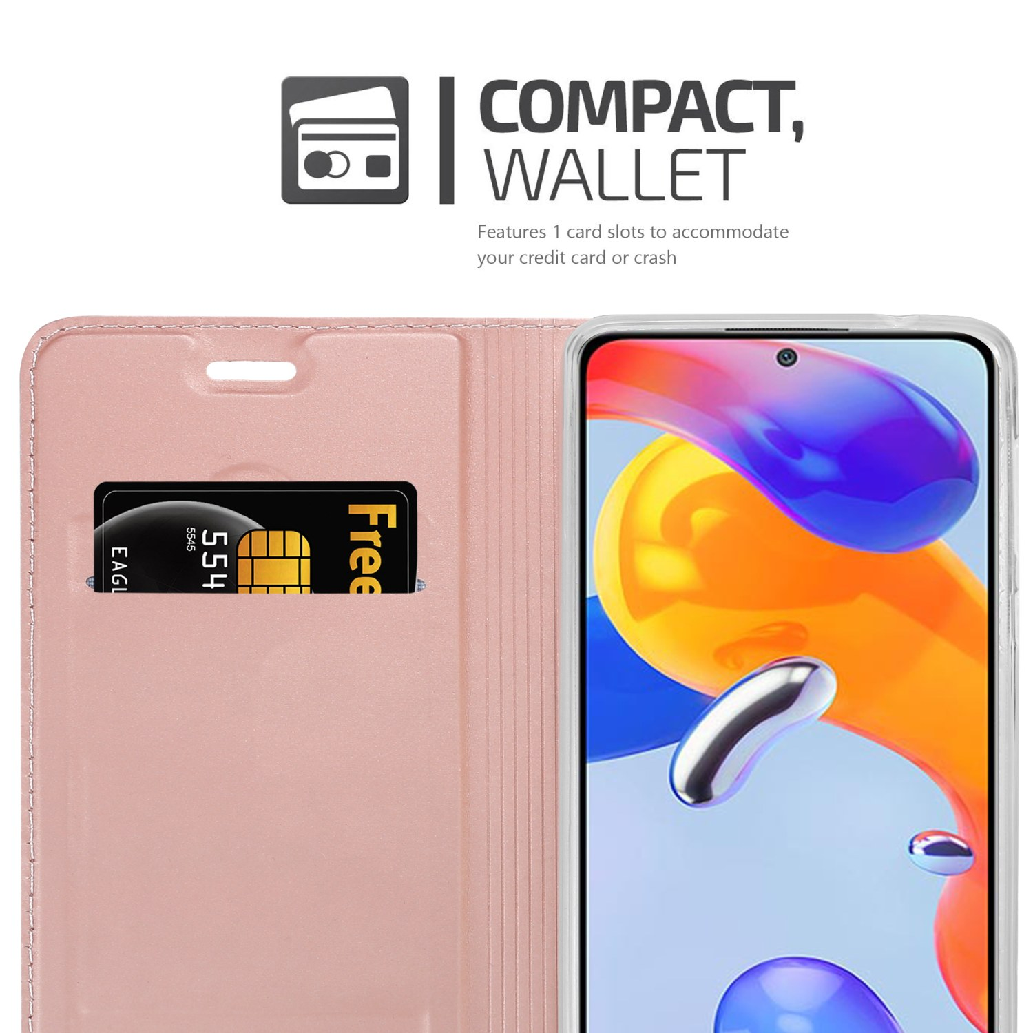 Ein pinkfarbenes Handyhüllen-Portemonnaie mit Kartenfach, mit einer Kreditkarte und einem Telefon.