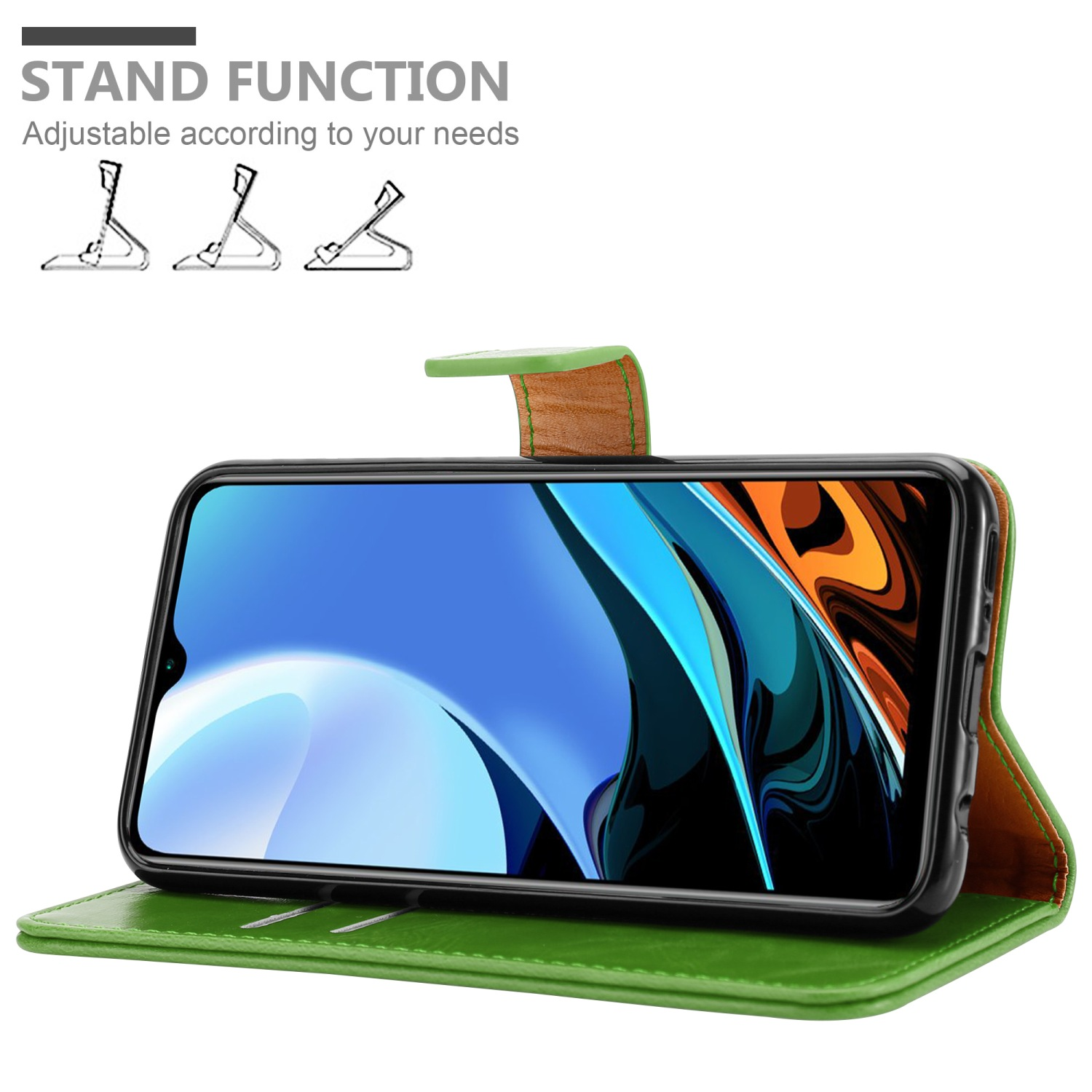 Grüne Handyhülle offen, Telefon innen, mit Standfunktion. Das Telefon zeigt einen blau-orangenen Bildschirm.